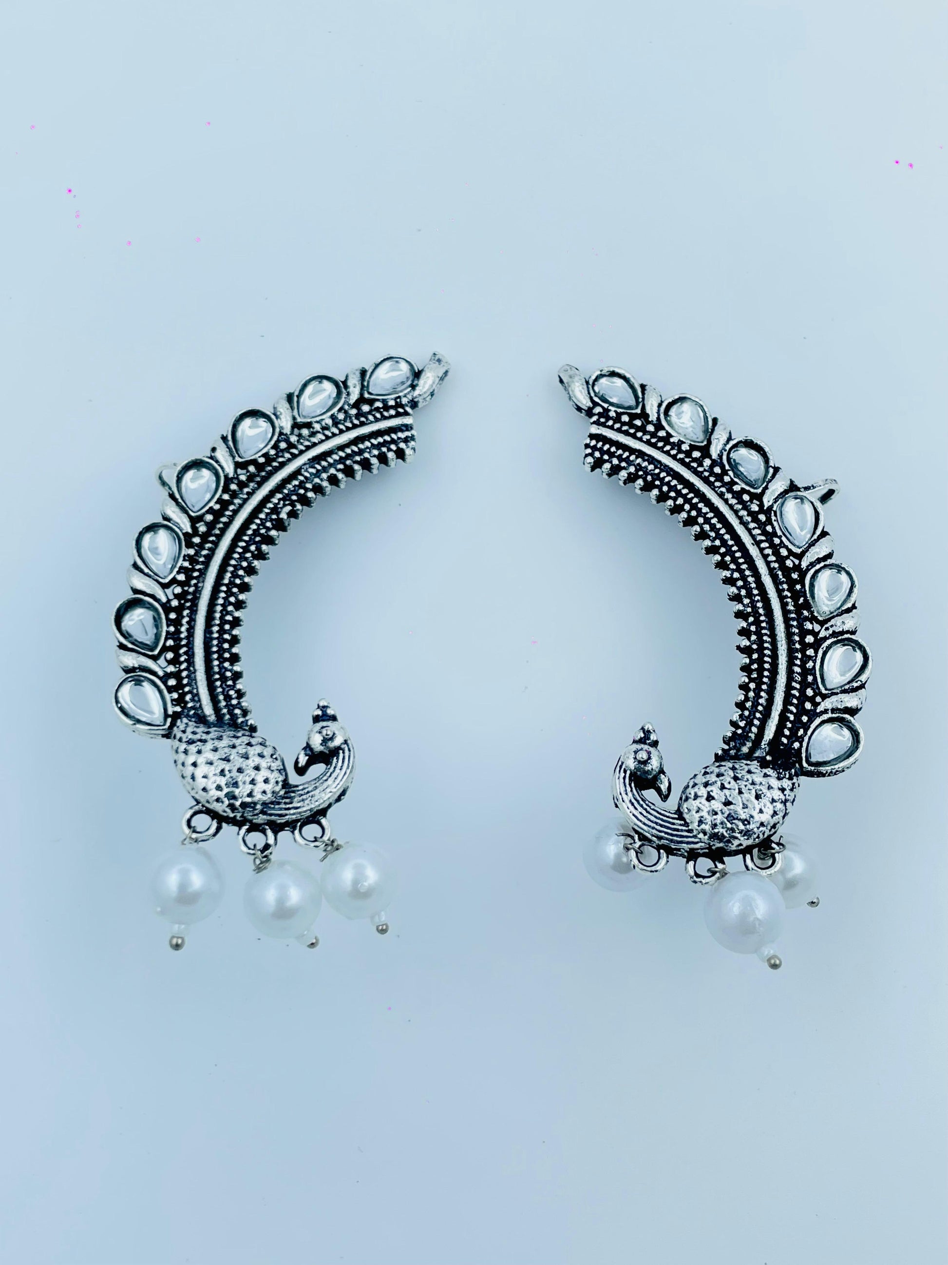 Oxidized Silver Peacock Jhumka Earrings with Mirror Work & Pearls