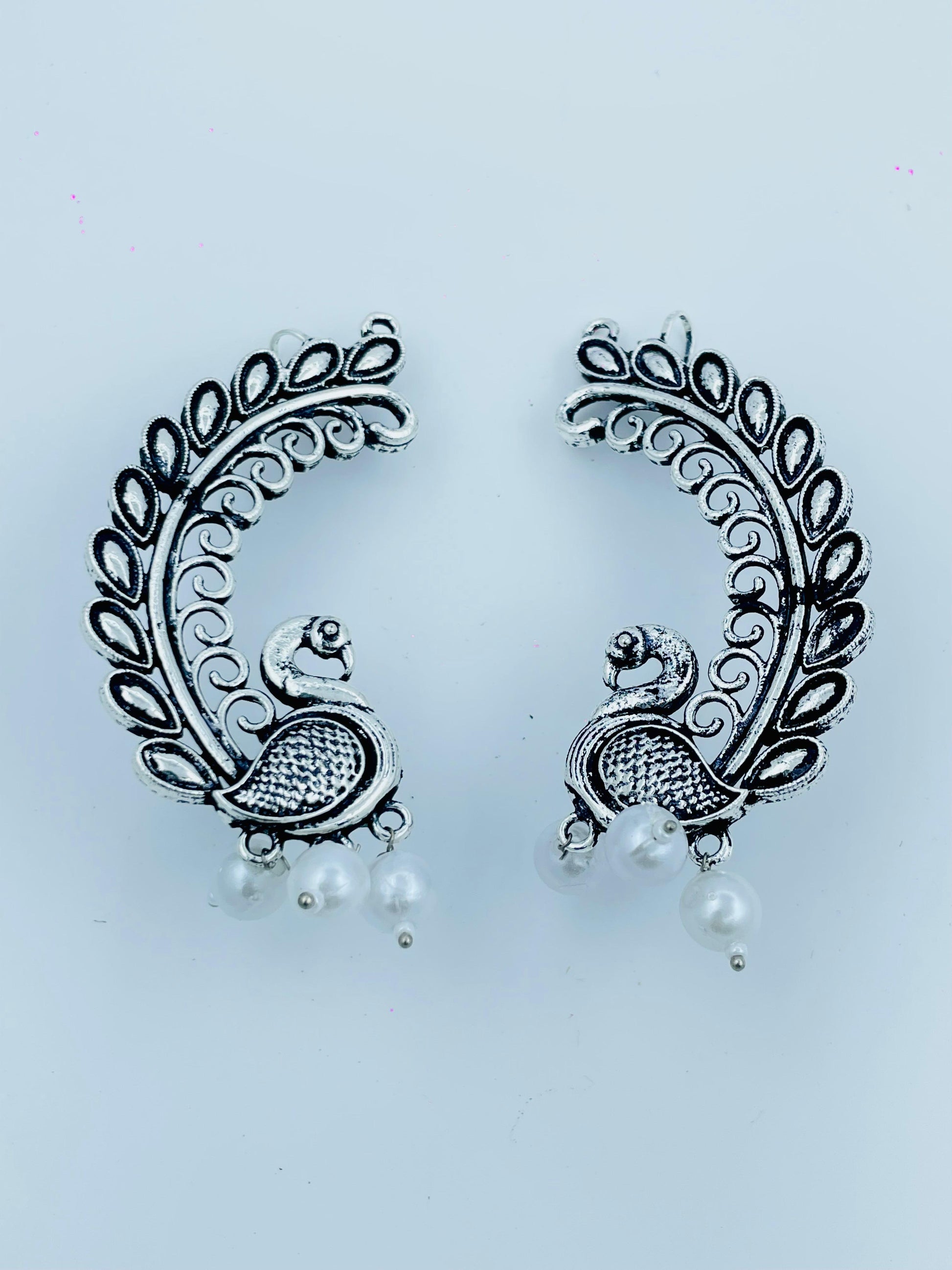 Oxidized Silver Peacock Earrings with Pearl Drops – Traditional Design