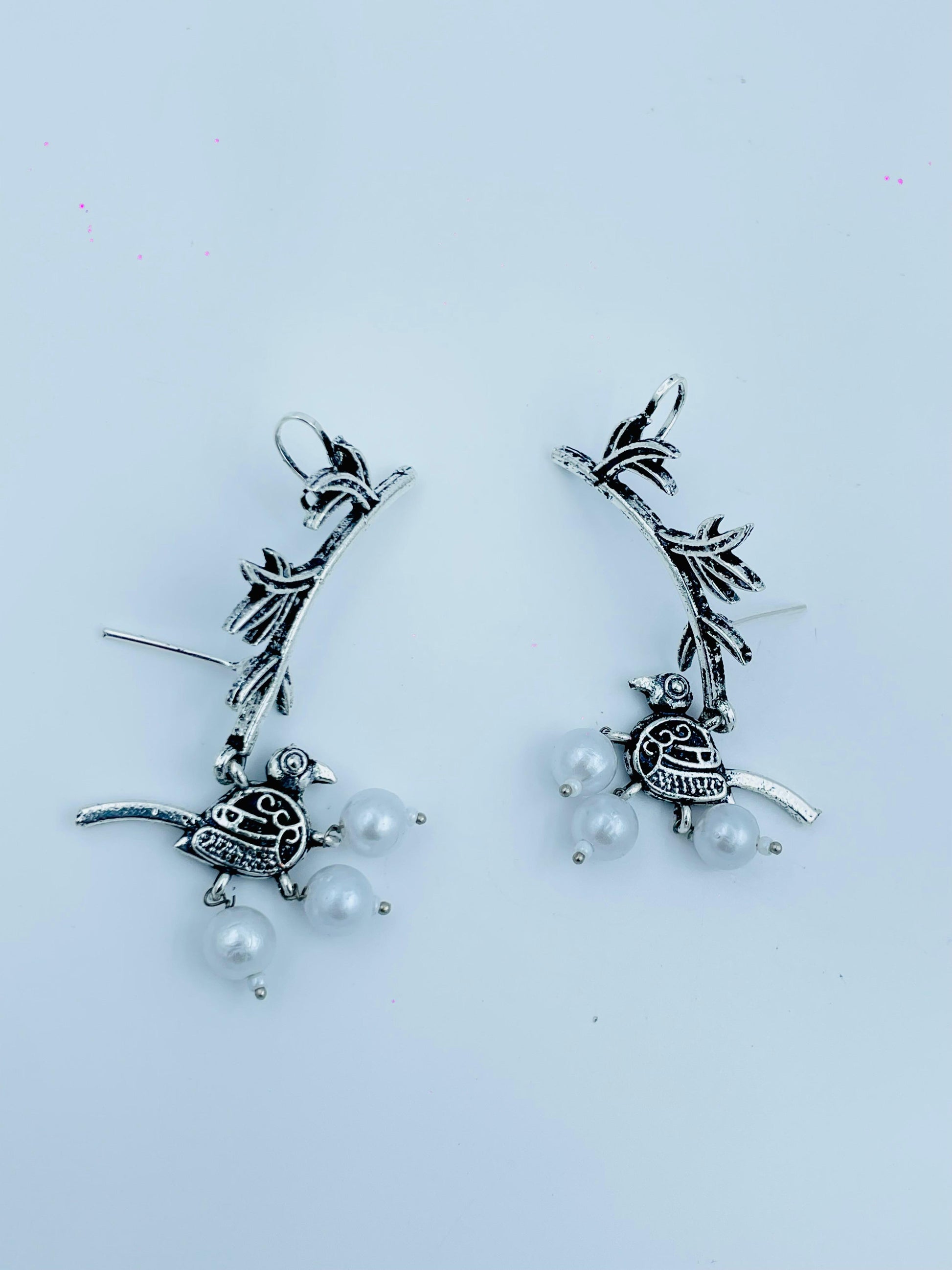 Oxidized Bird Design Earrings – Tribal Style with Pearl Beads