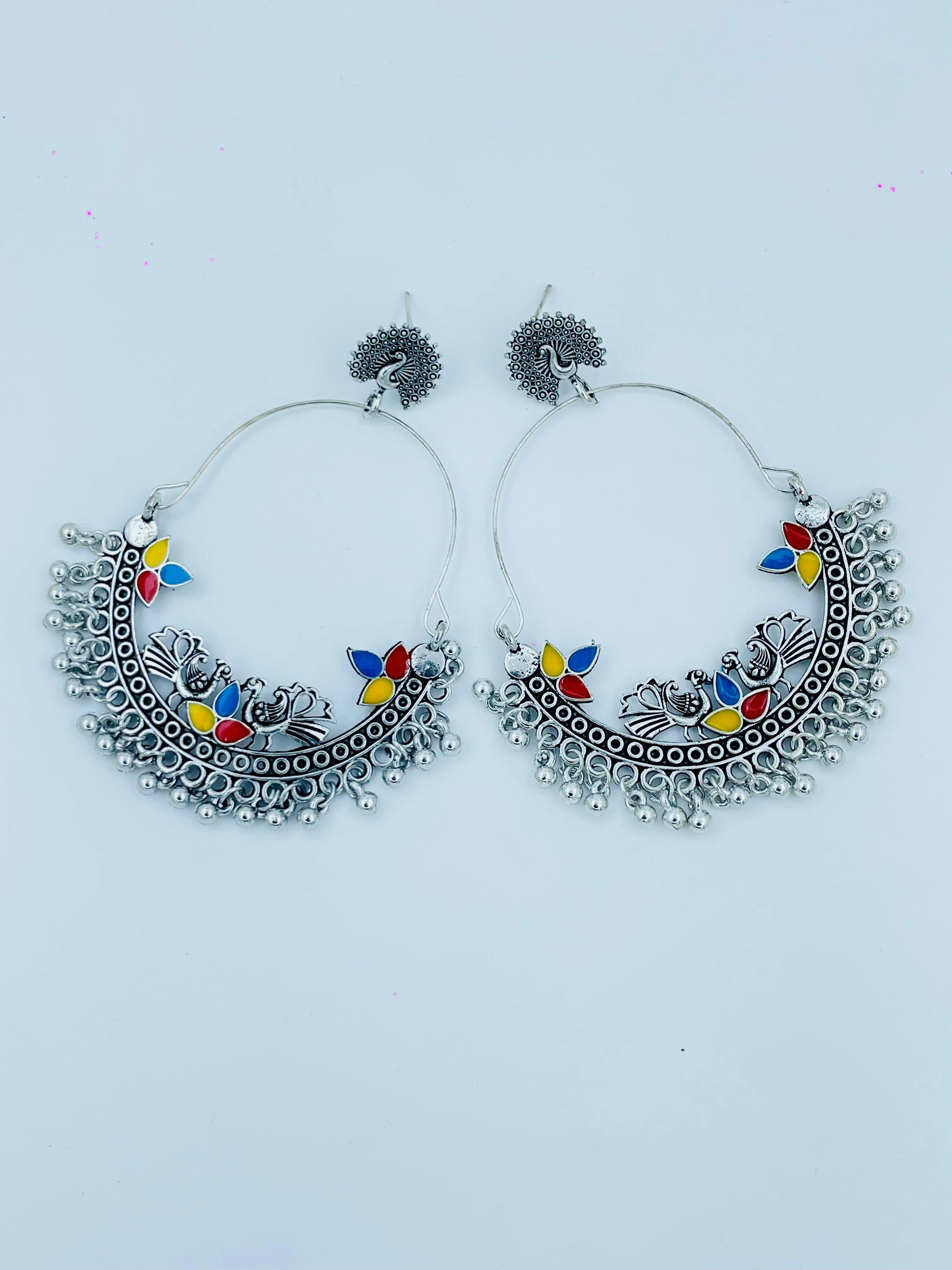 Colorful Oxidized Silver Hoop Earrings – Boho Tribal Statement Jhumka for Women