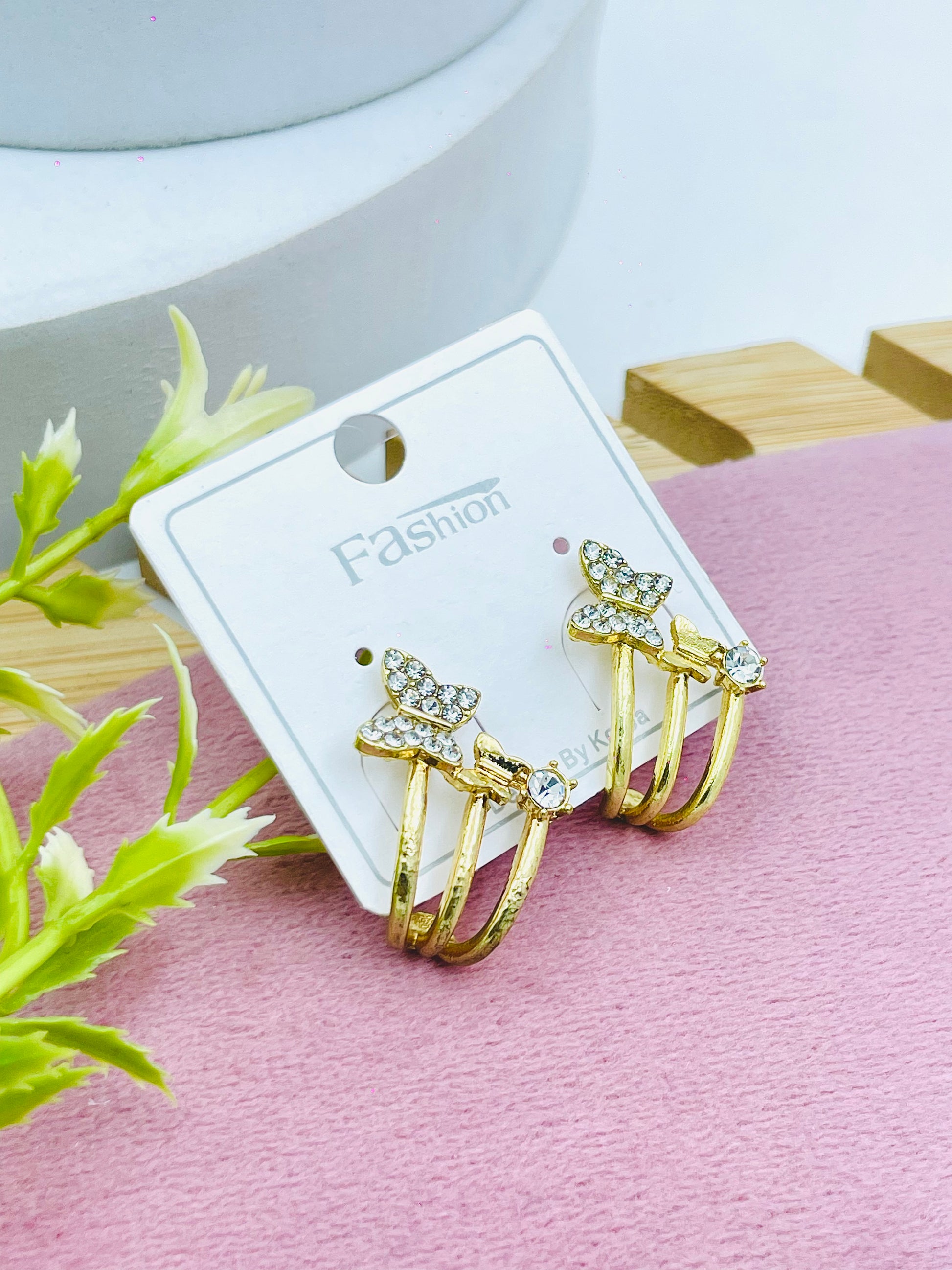 Elegant Gold Triple Hoop Star Earrings with Crystals