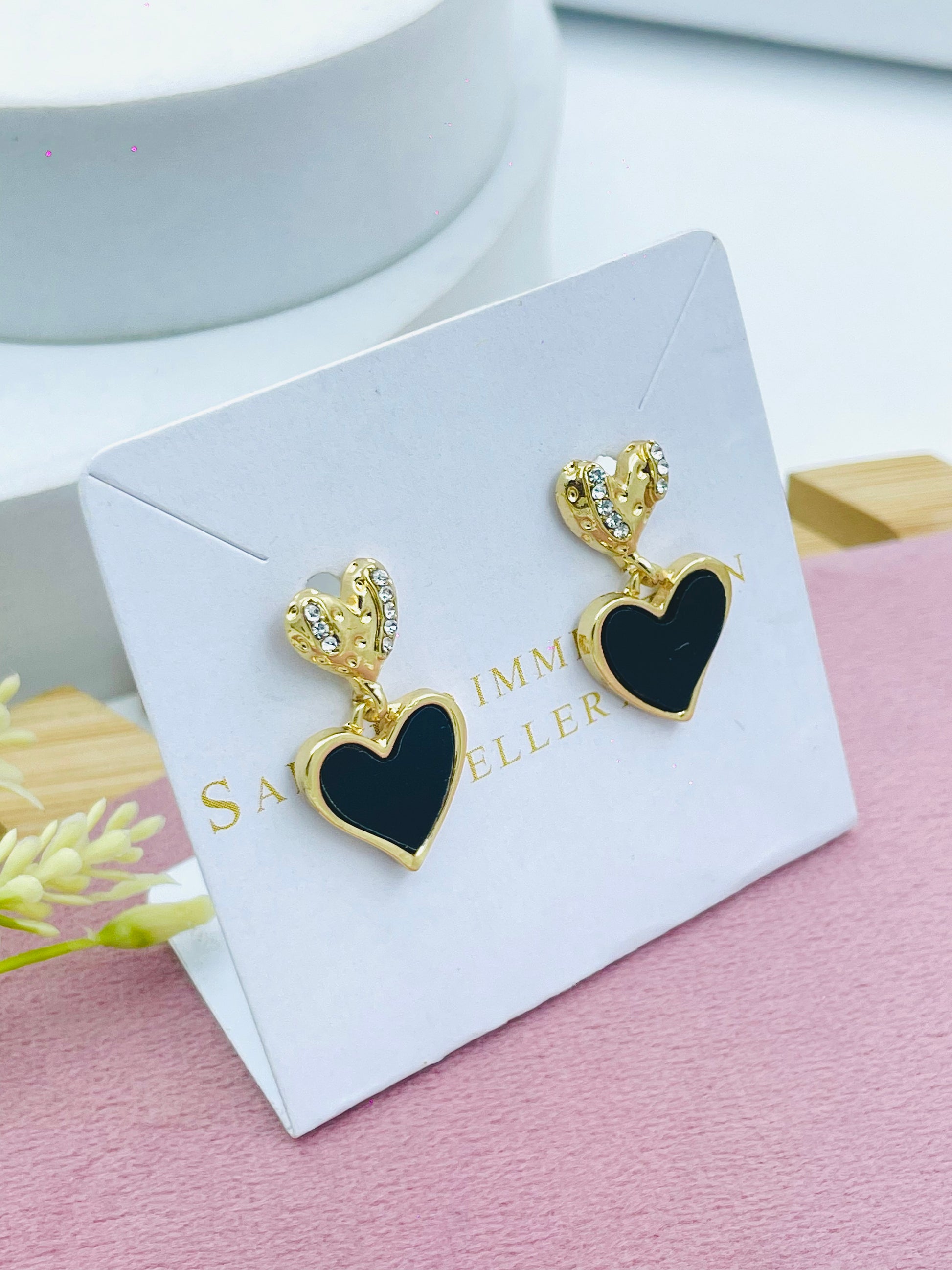Gold and Black Heart Stud Earrings  Elegant Jewelry