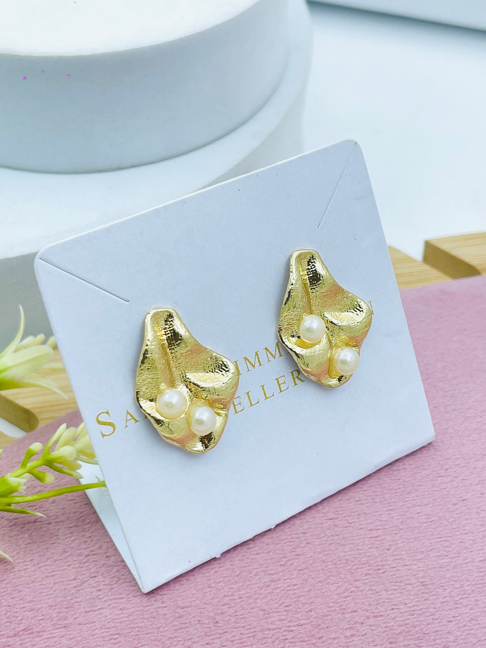 Gold Leaf Pearl Earrings  Elegant Jewelry