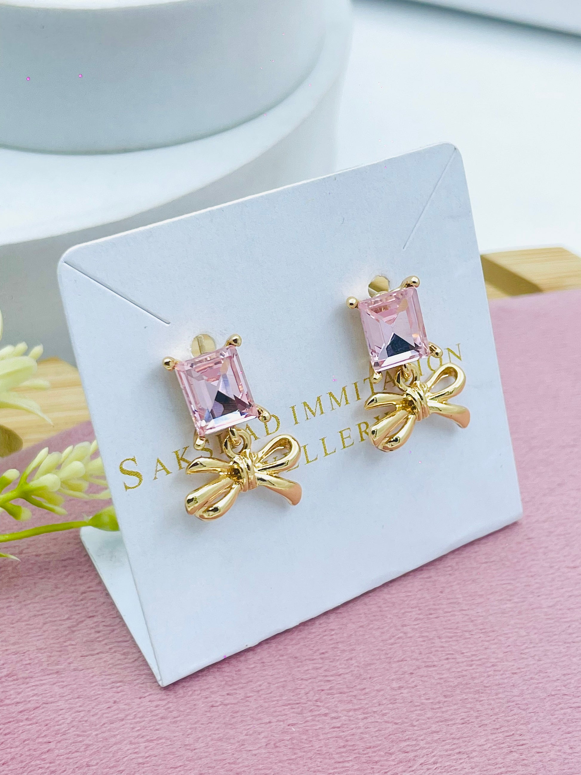 Elegant Pink Gemstone Bow Earrings