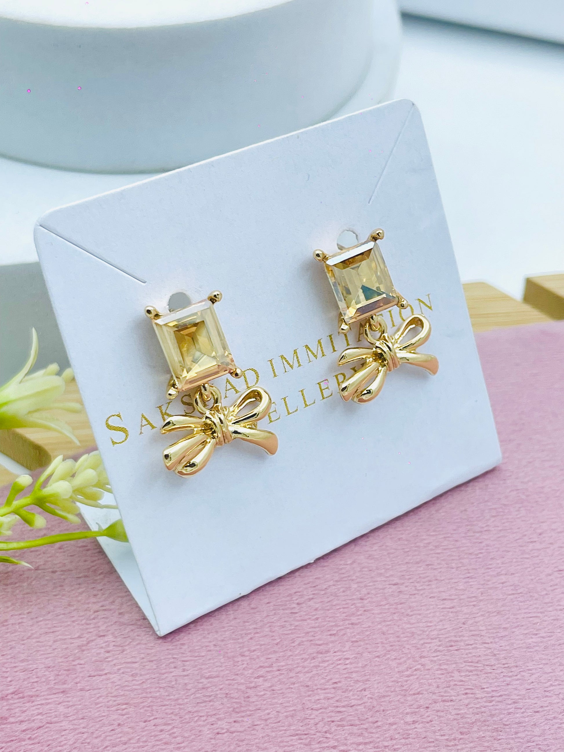 Elegant Gold Bow Square Stud Earrings
