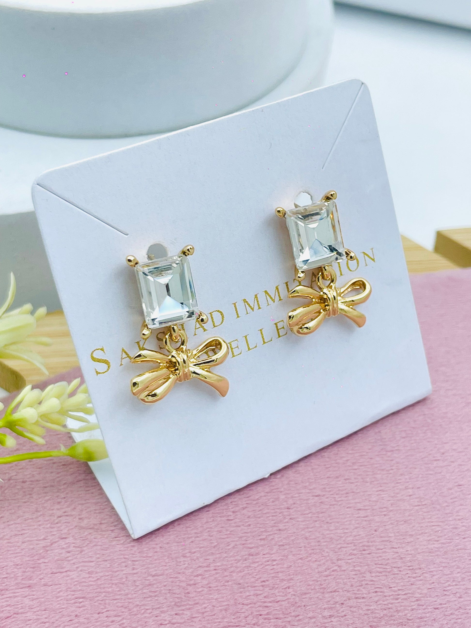 Elegant Gold Bow Knot Square Stone Earrings