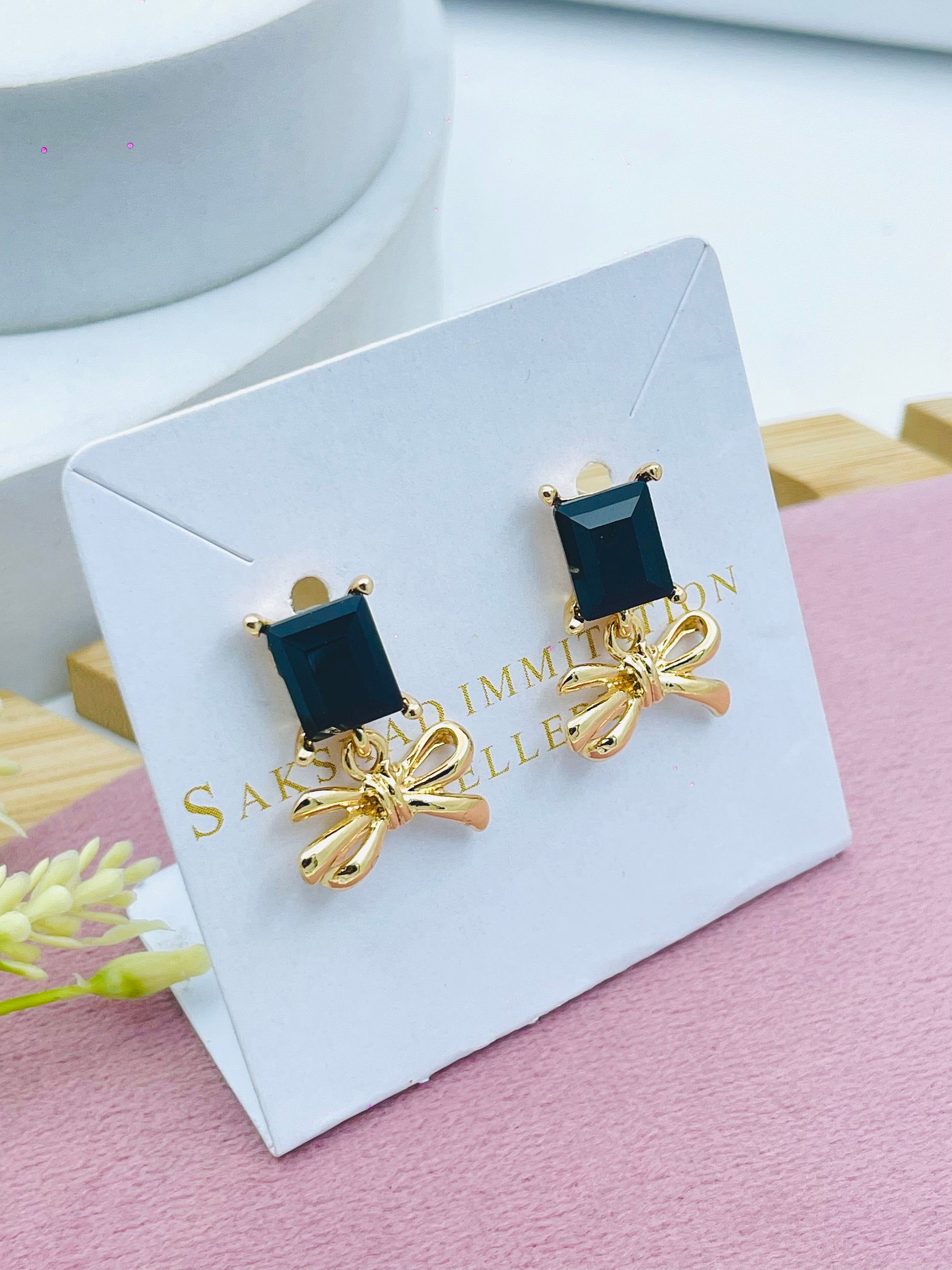 Elegant Square Blue Stone Bow Knot Earrings