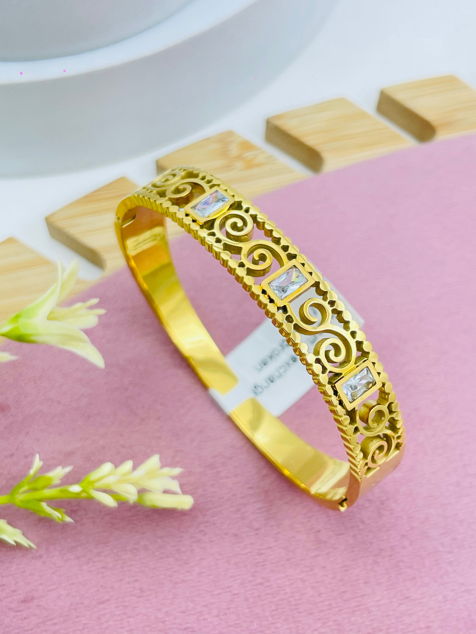 Elegant Gold Filigree Bangle  Square Stone Accents