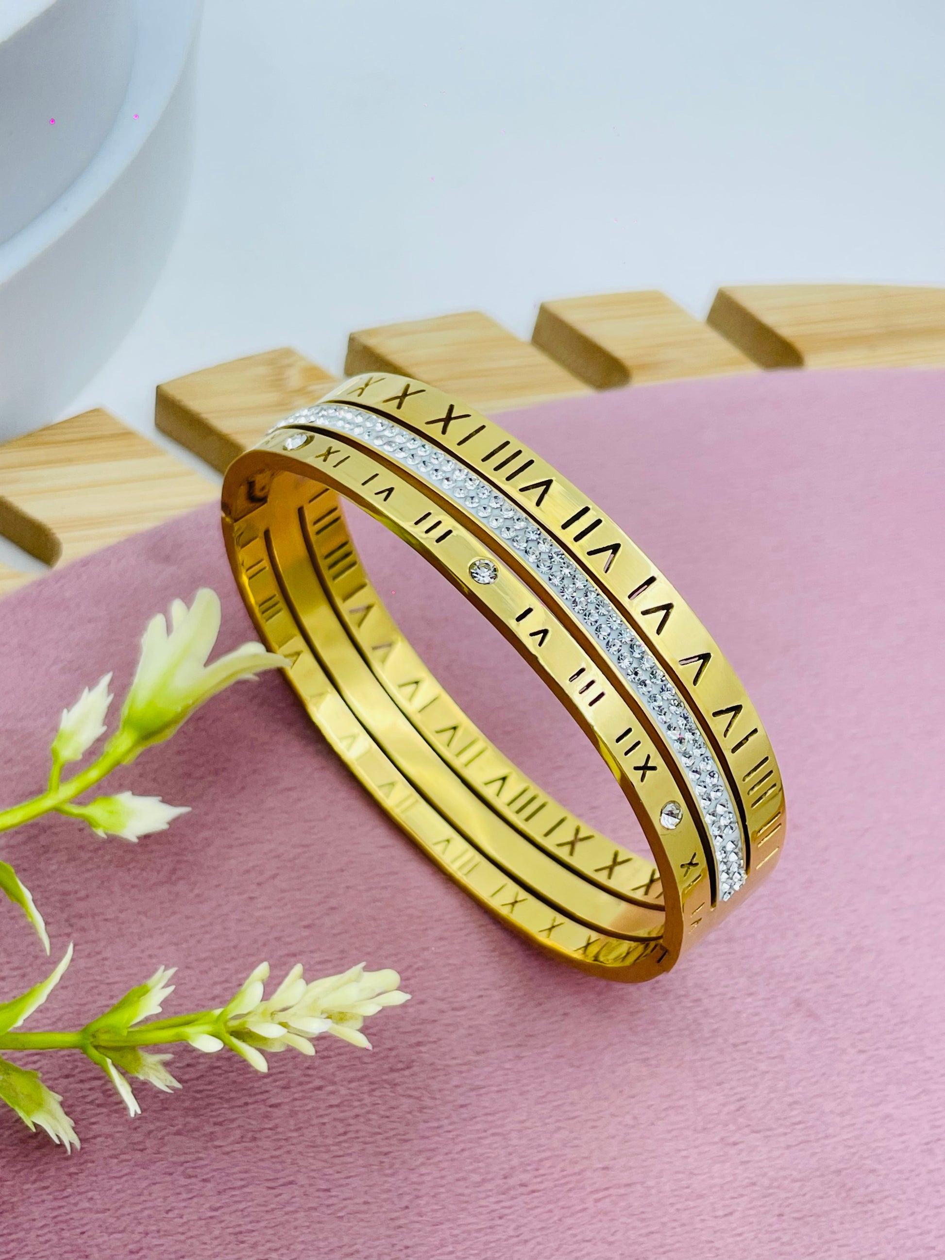 Elegant Gold Roman Numeral Bangle Bracelet with Gemstones