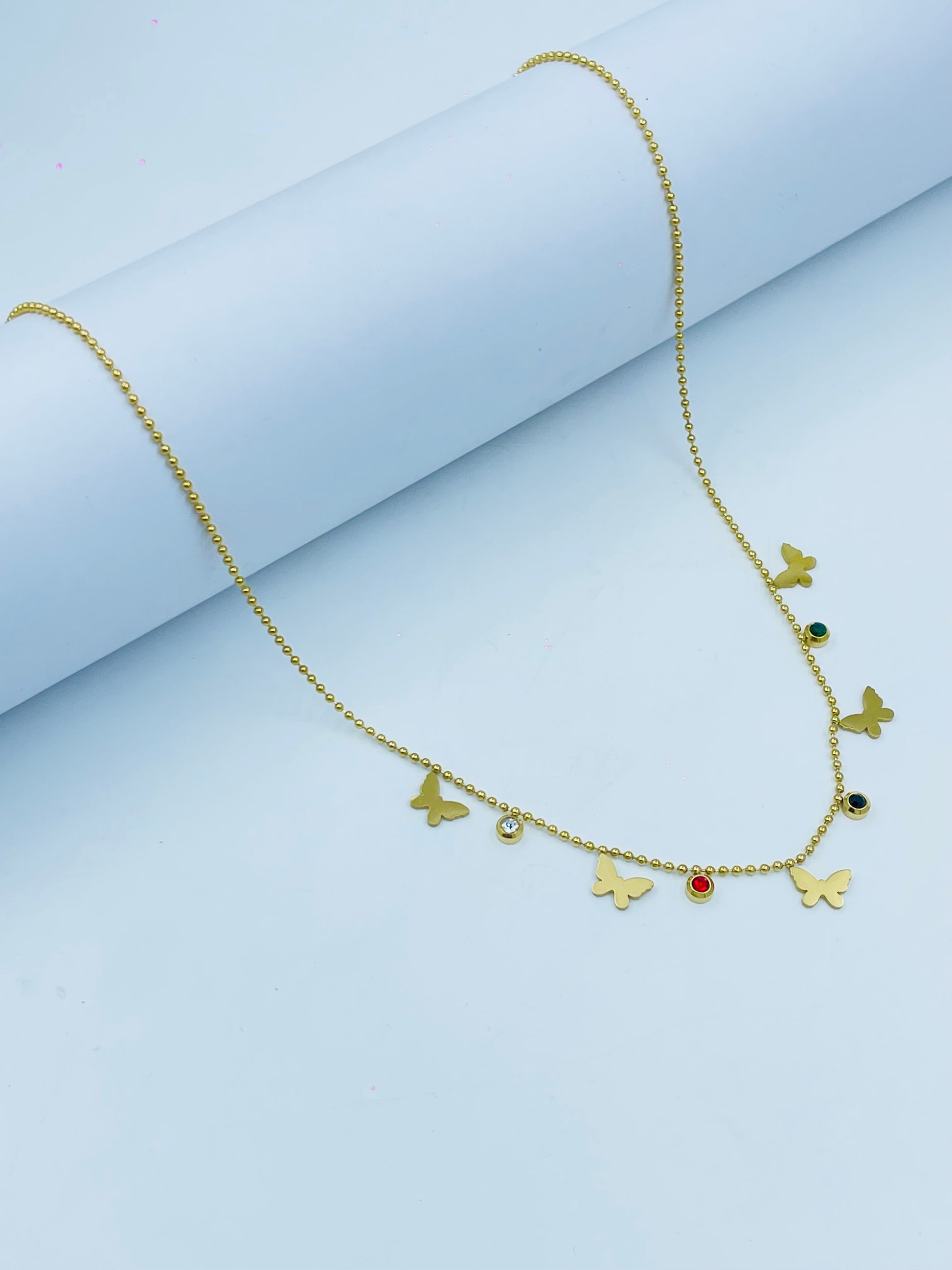 Gold Butterfly Charm Necklace with Colorful Stone Accents – Trendy Jewelry