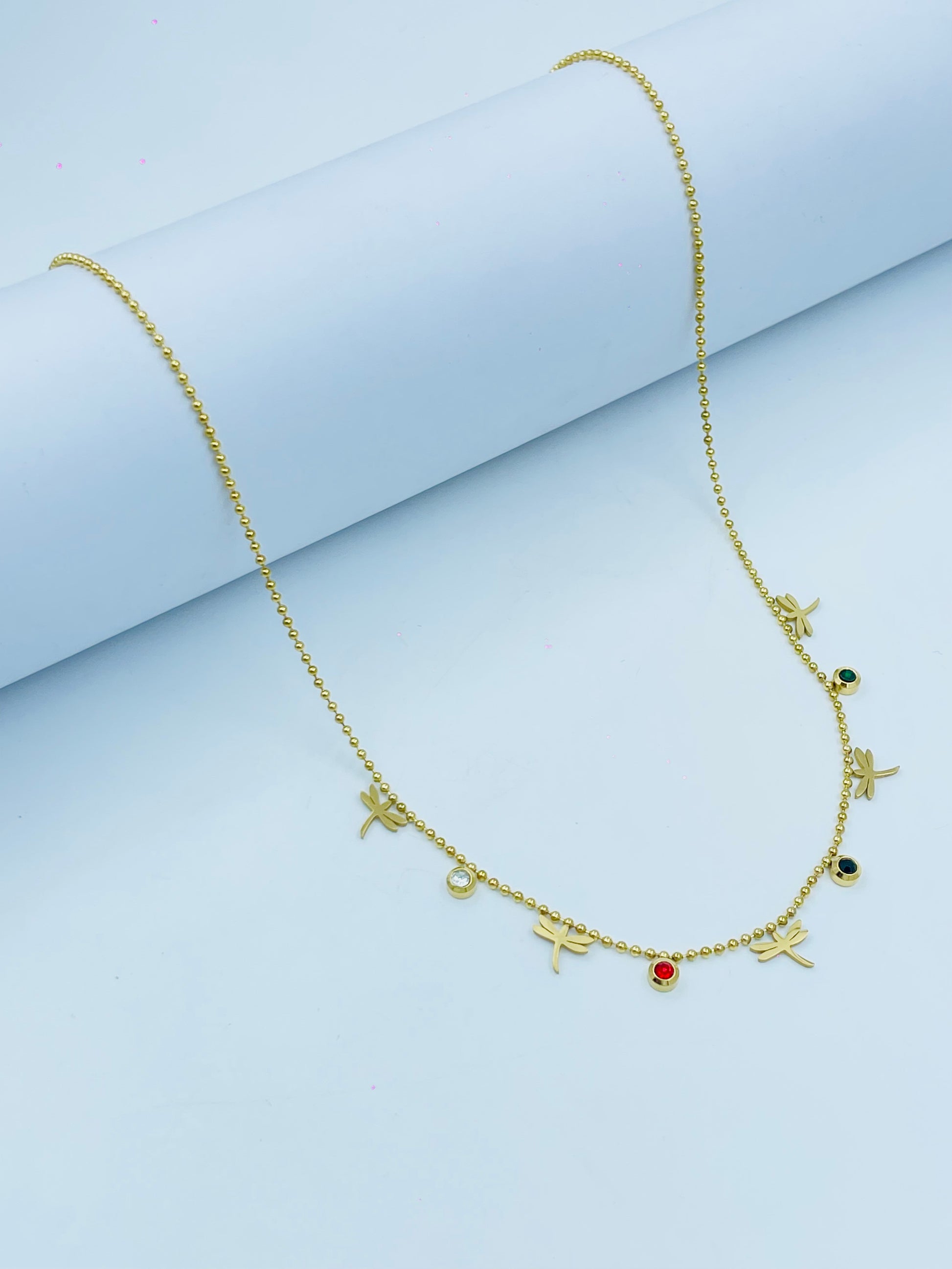 Gold Dragonfly Charm Necklace with Colorful Stone Accents – Elegant Jewelry