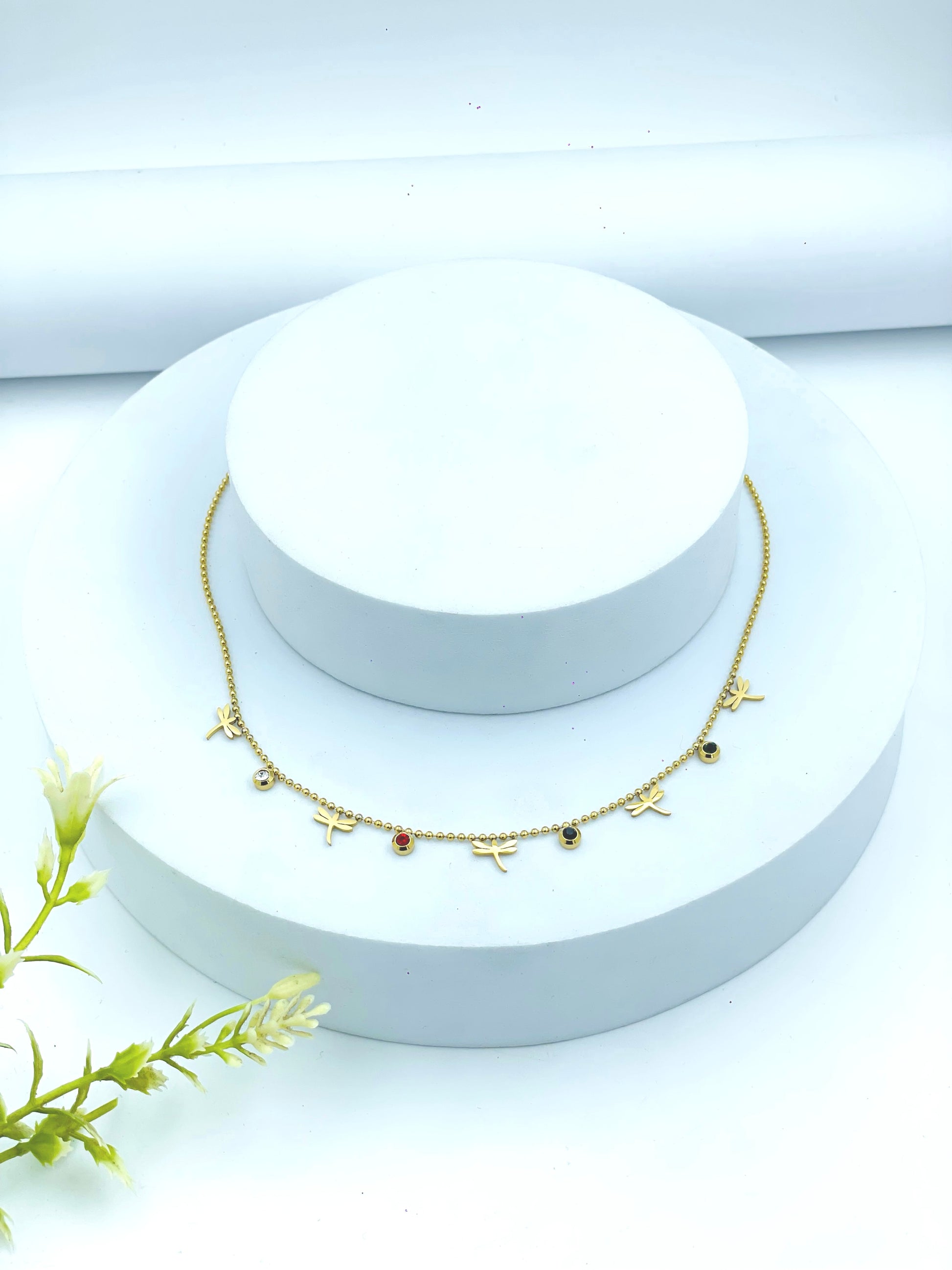 Gold Dragonfly Charm Necklace with Colorful Stone Accents – Elegant Jewelry