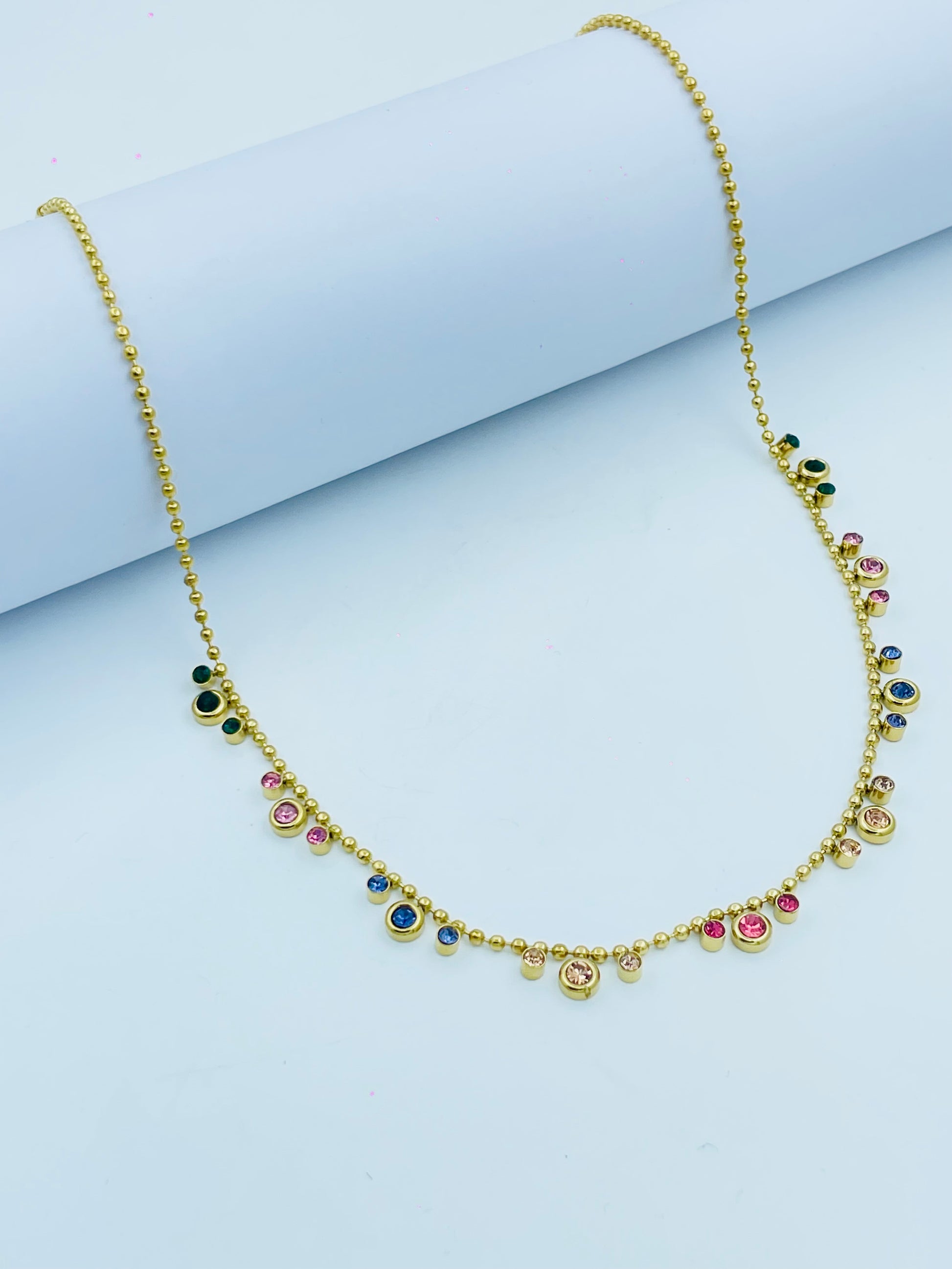 Gold Beaded Necklace with Multicolor Stones – Stylish Festive Jewelry