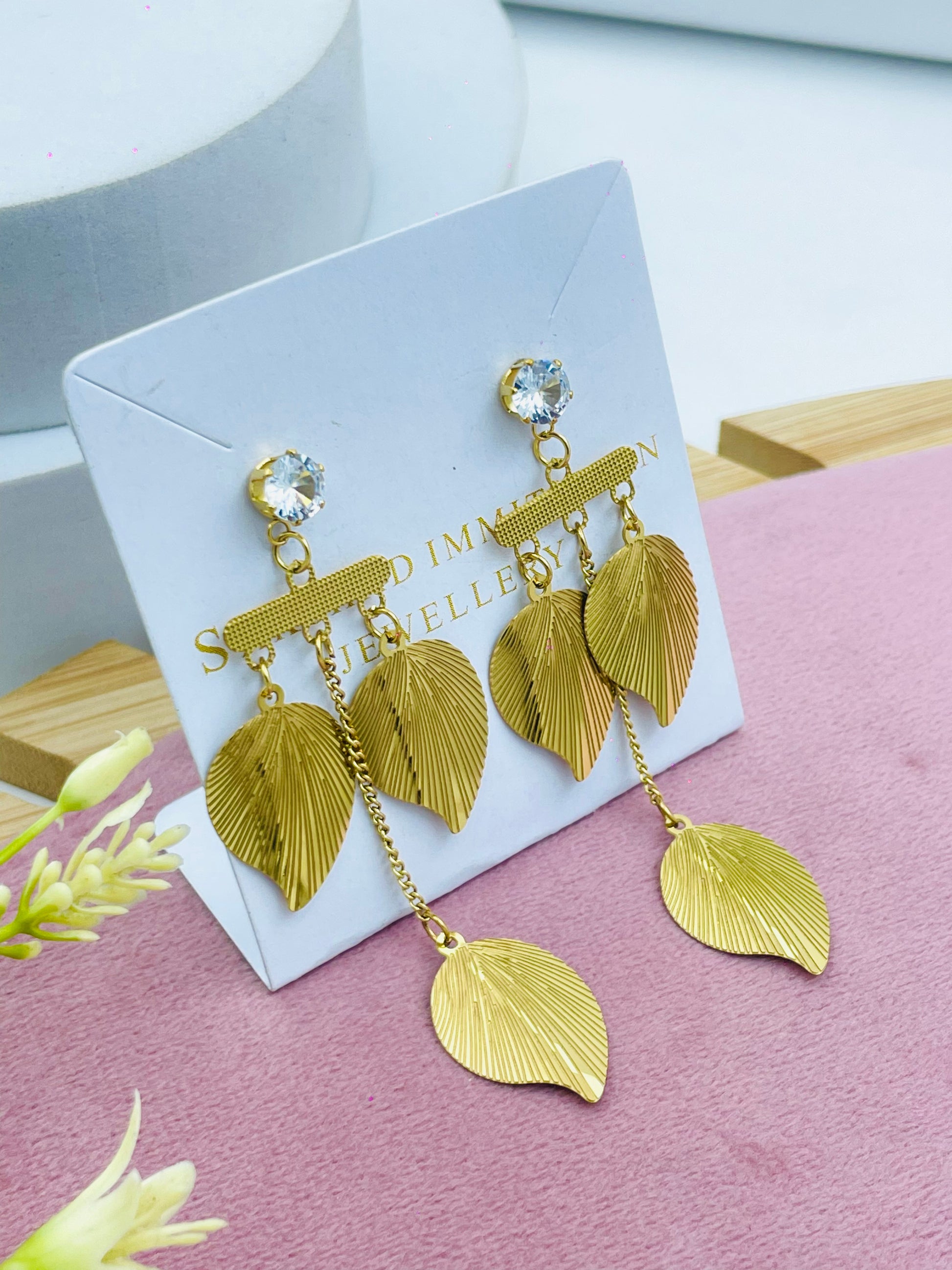 Elegant Gold Leaf Drop Earrings with Crystal Stud