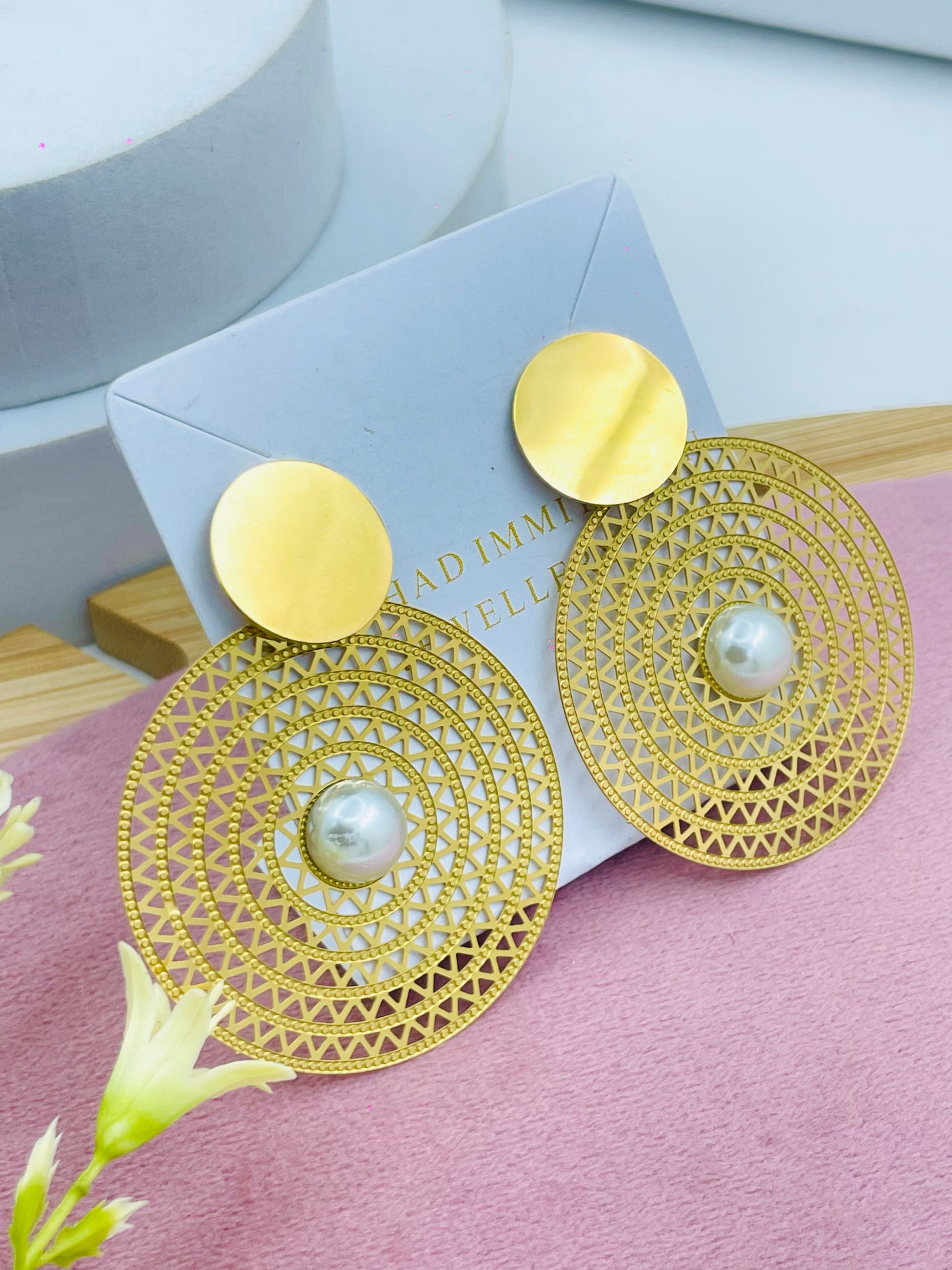 Elegant Gold Filigree Pearl Drop Earrings
