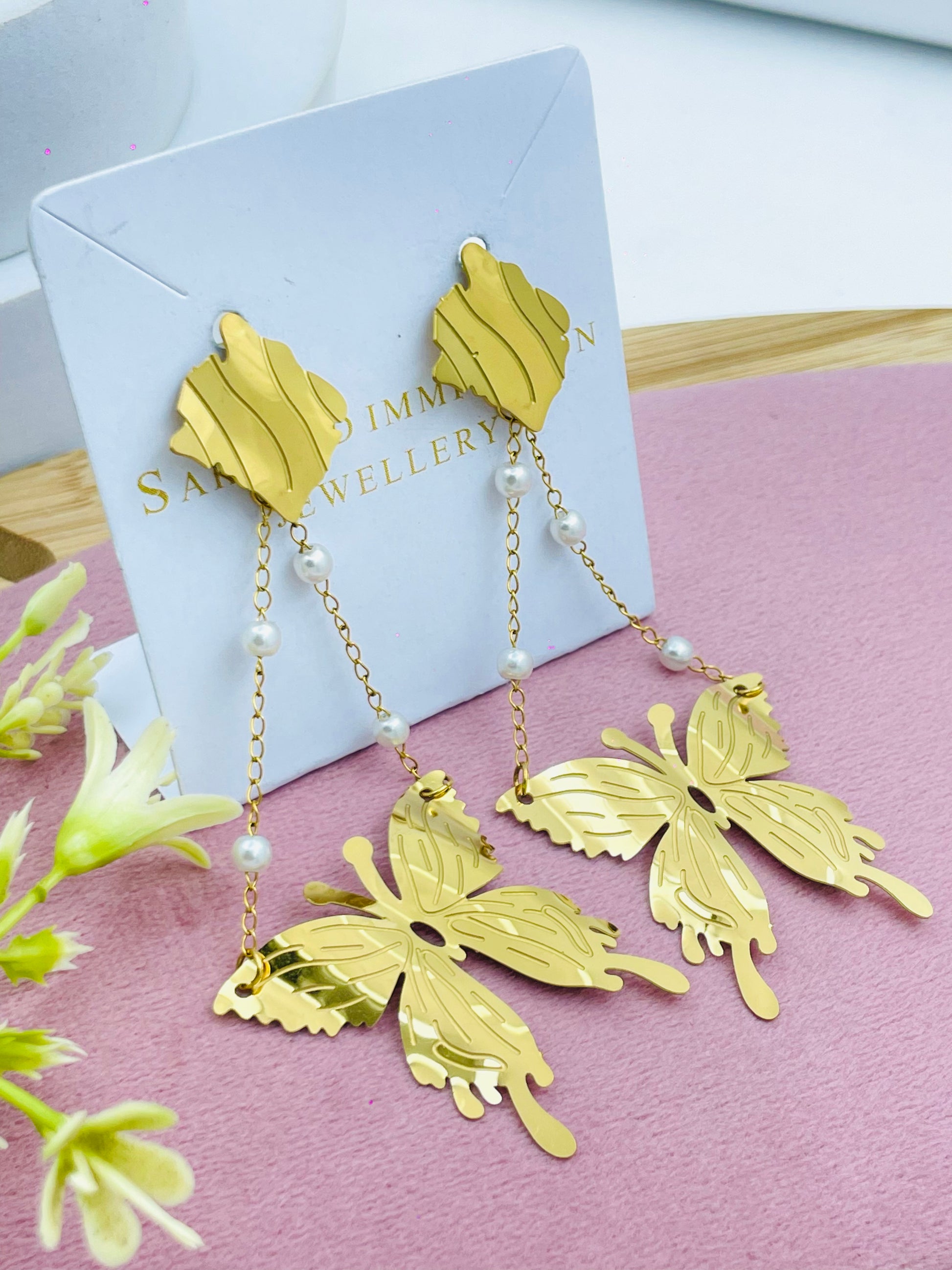 Elegant Gold Butterfly Drop Earrings with Pearl Accents