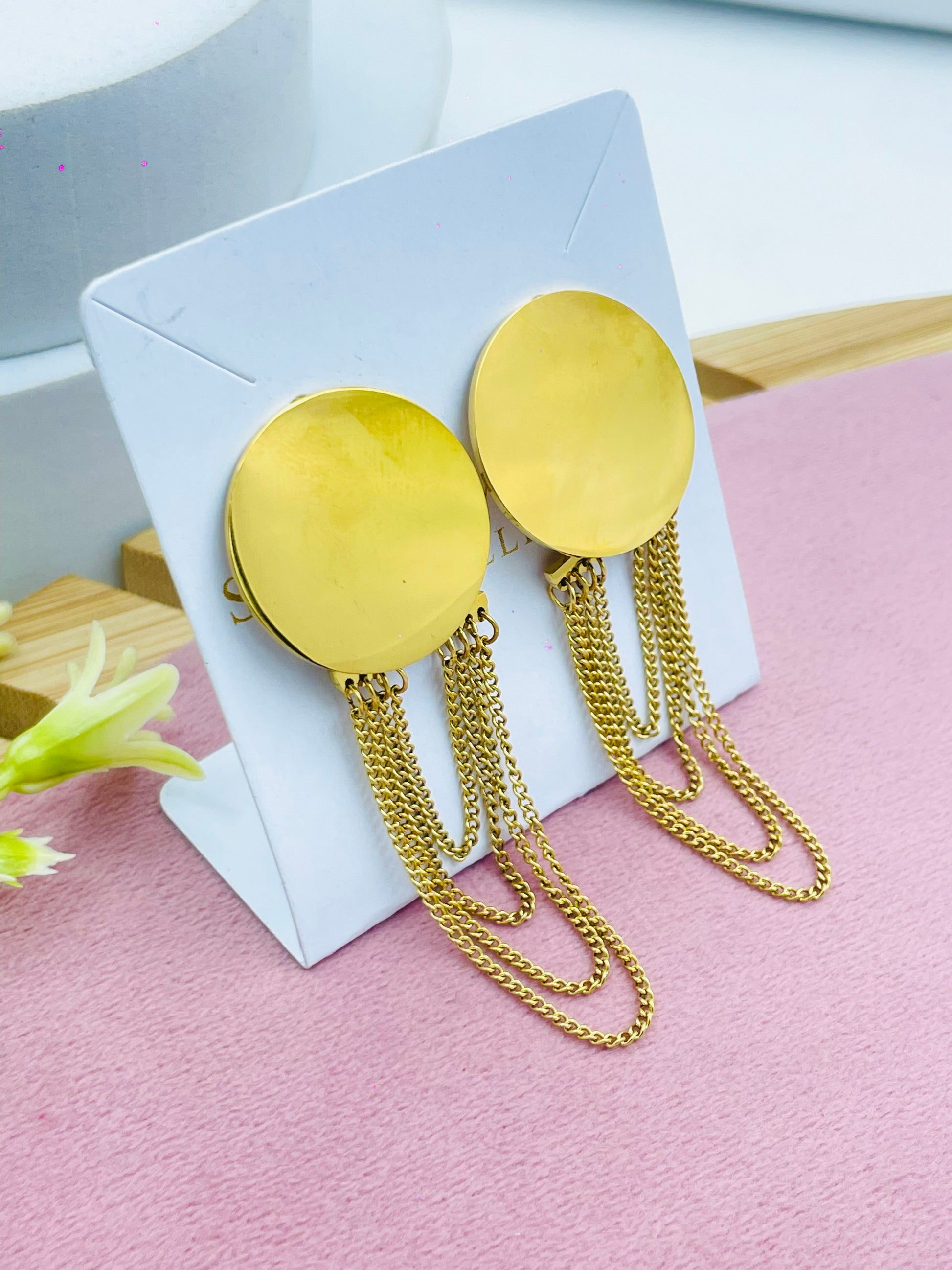 Elegant Gold Disc Chain Drop Earrings