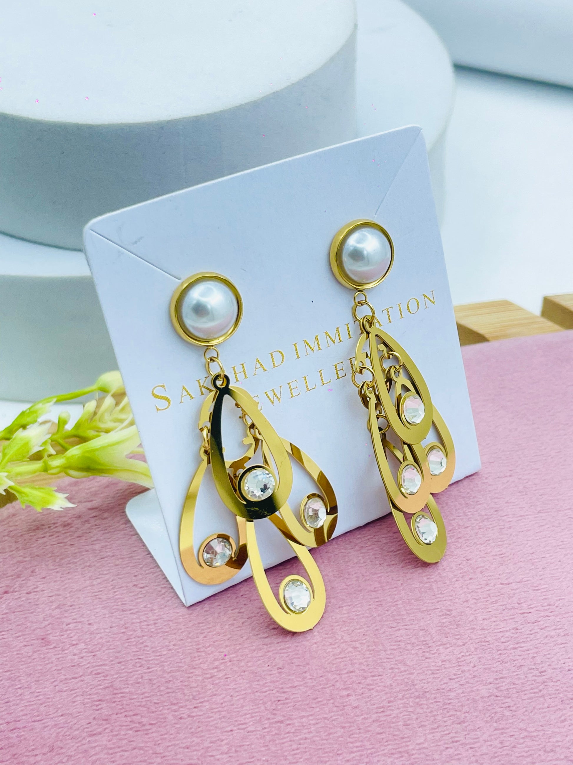 Elegant GoldTone Pearl and Crystal Drop Earrings