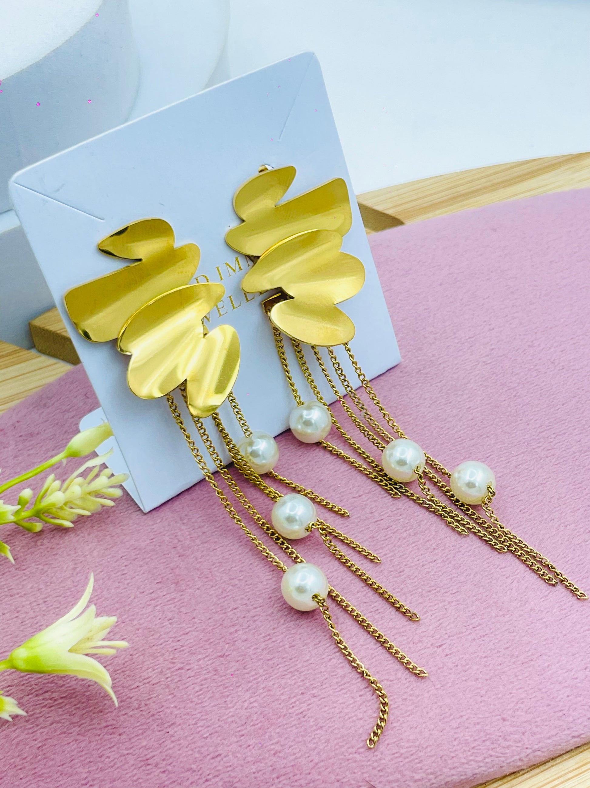 Elegant Gold Abstract Pearl Drop Earrings