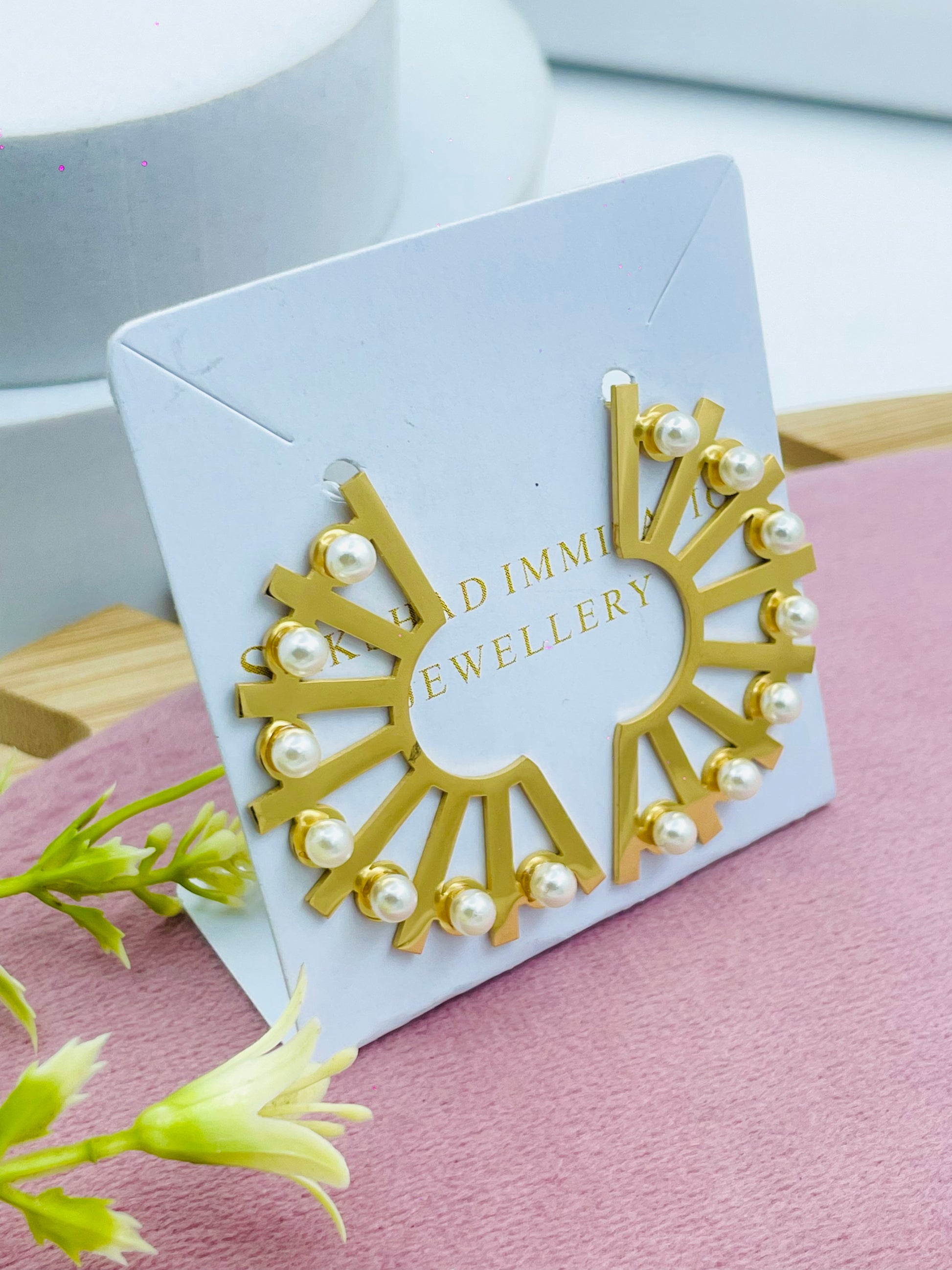 Elegant Gold Sunburst Pearl Earrings  Dimmi Jewellery