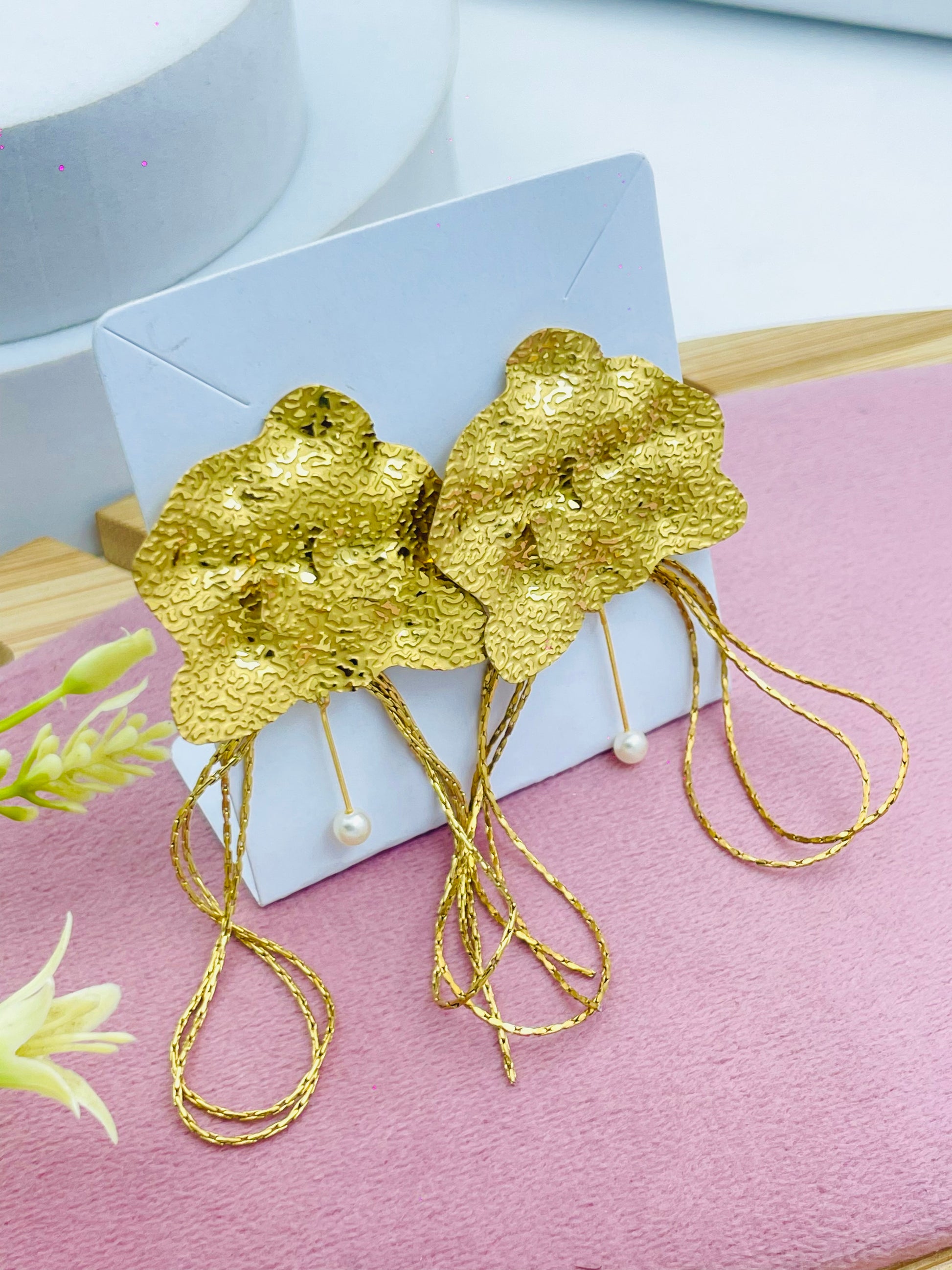 Elegant Gold Textured Floral Earrings with Dangling Chains