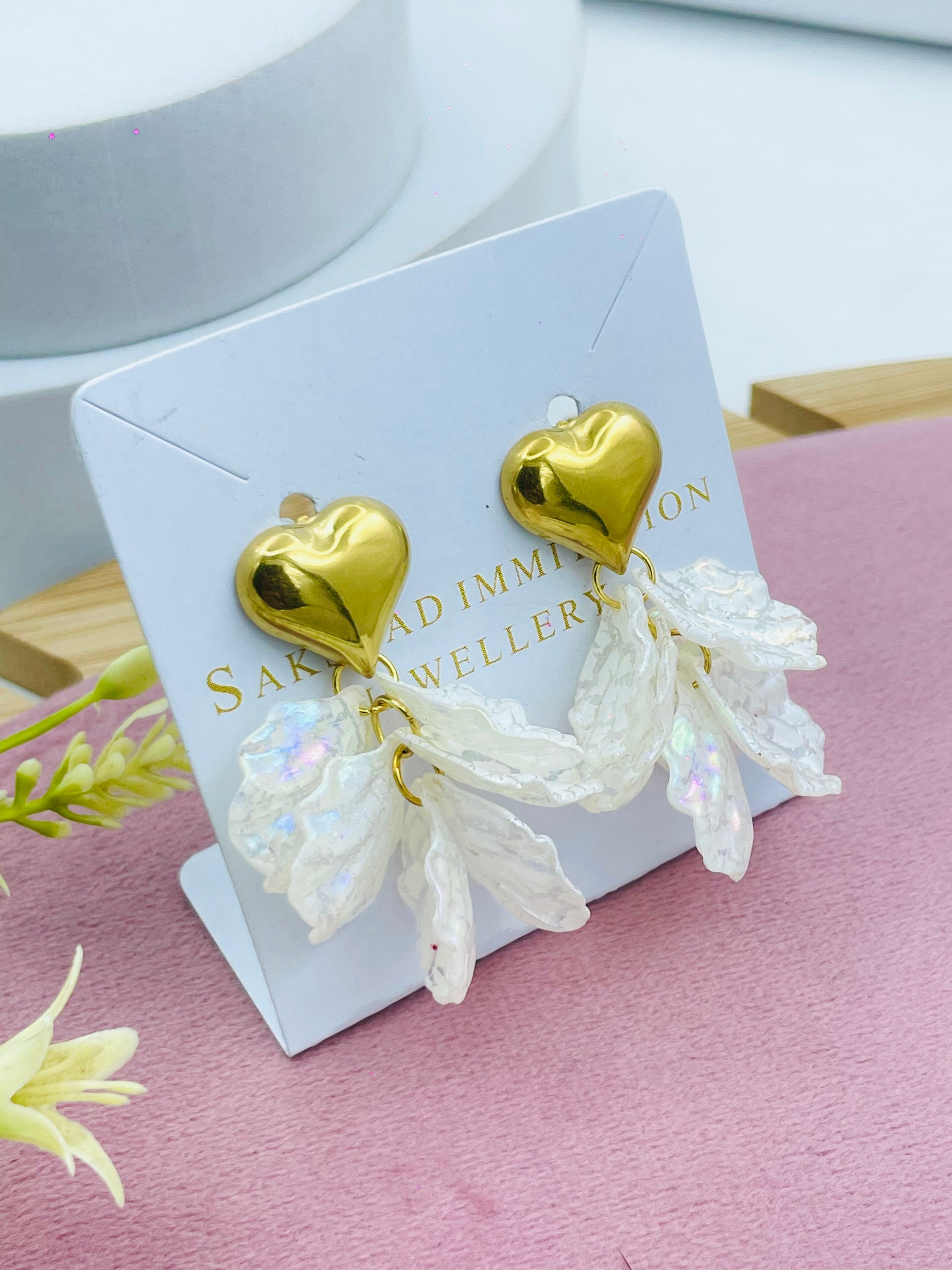 Elegant Gold Heart Earrings with Iridescent Petals