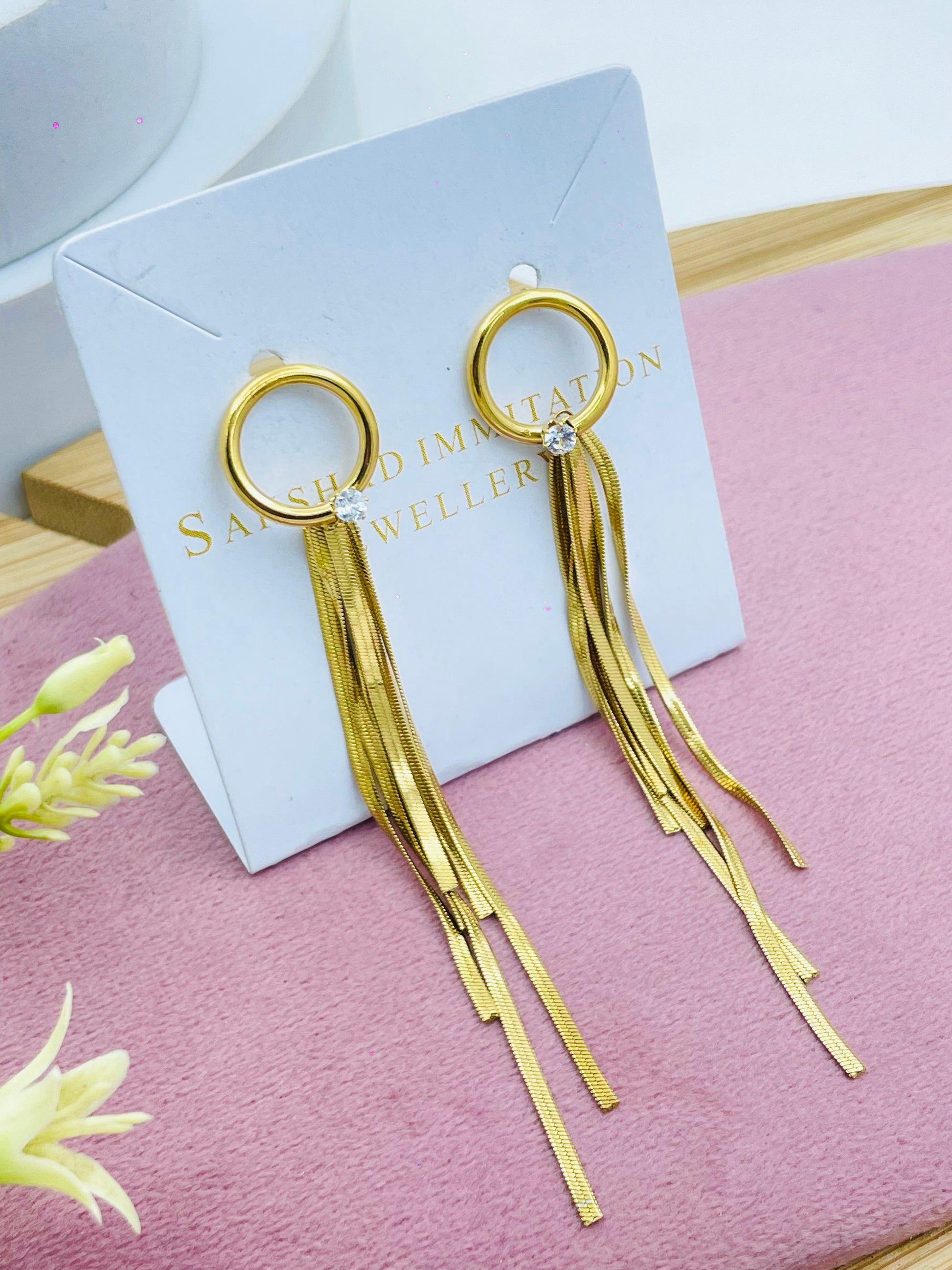 Elegant Gold Circle Tassel Earrings with Rhinestone