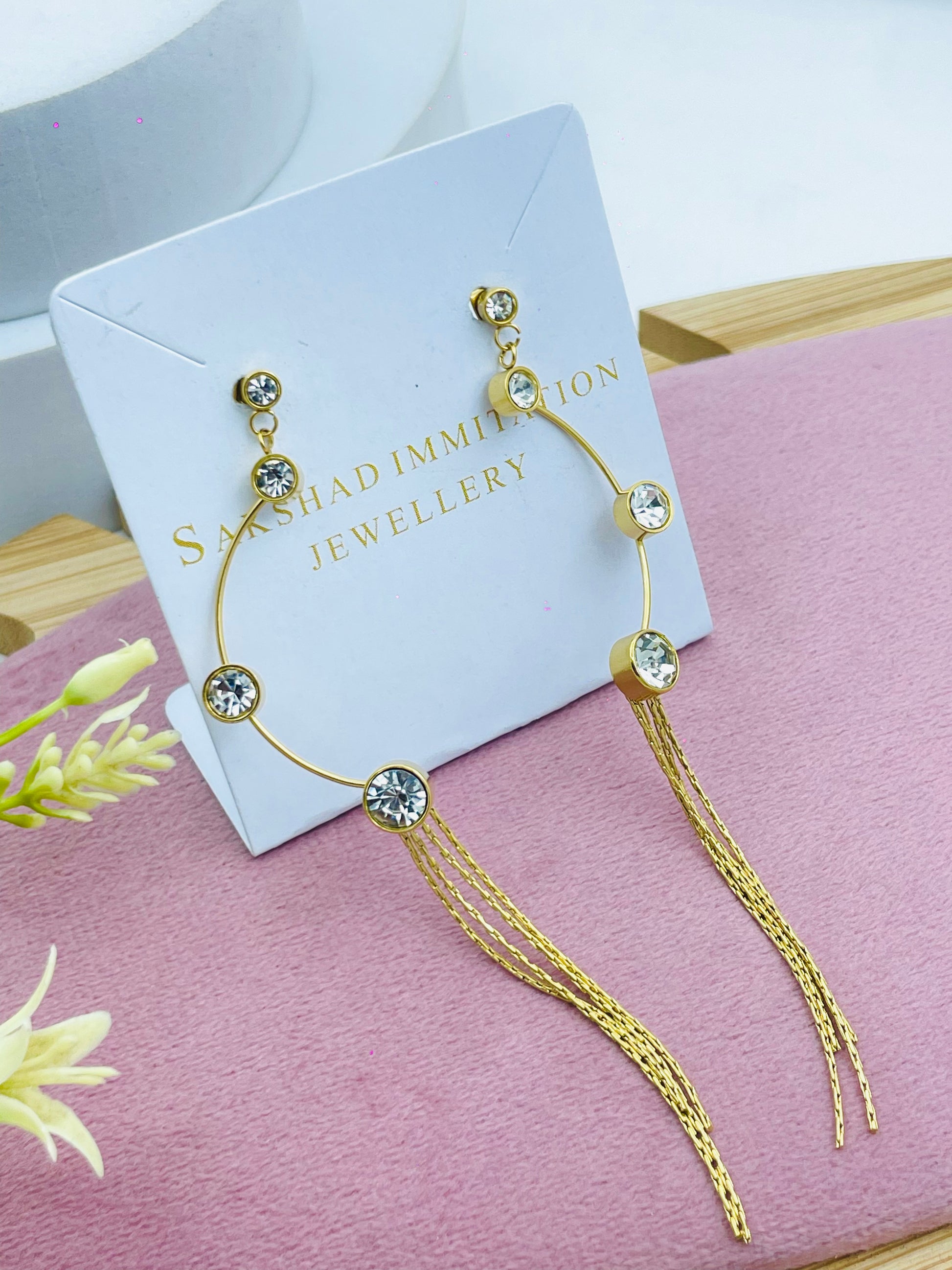 Elegant Gold Hoop Earrings with Crystal and Tassel Design