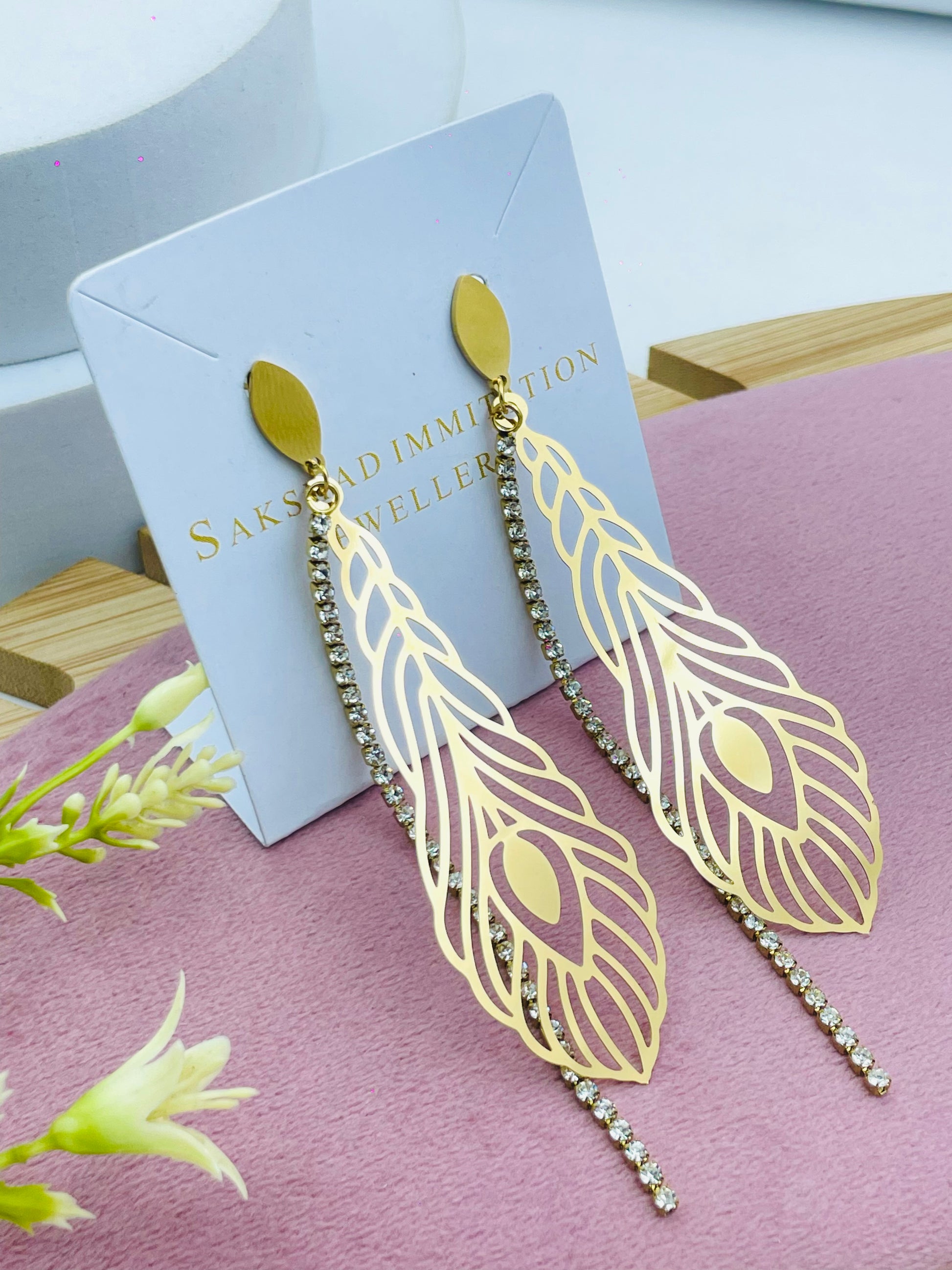 Elegant Gold Feather Drop Earrings with Rhinestones