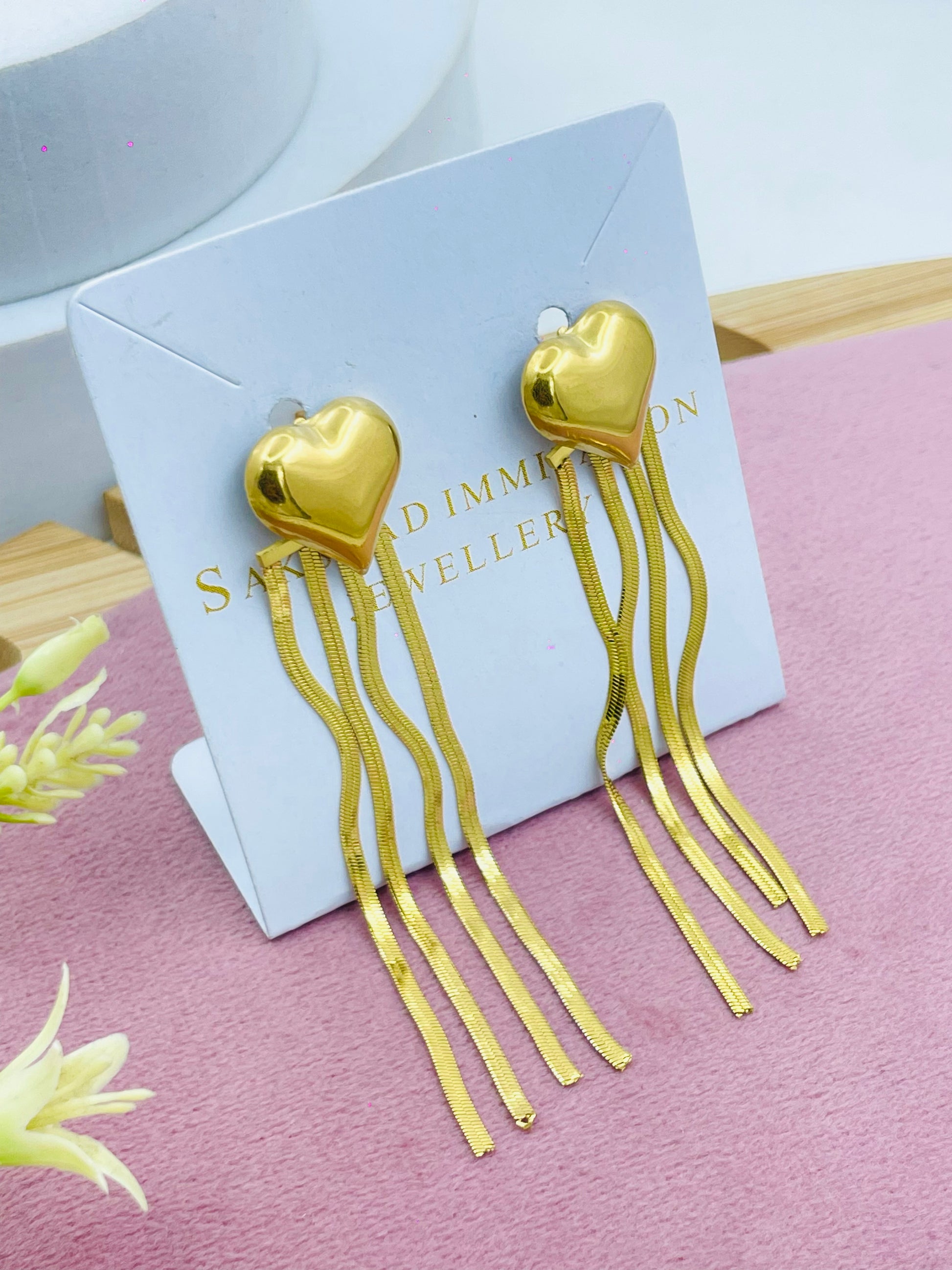 Elegant Gold Heart Tassel Earrings