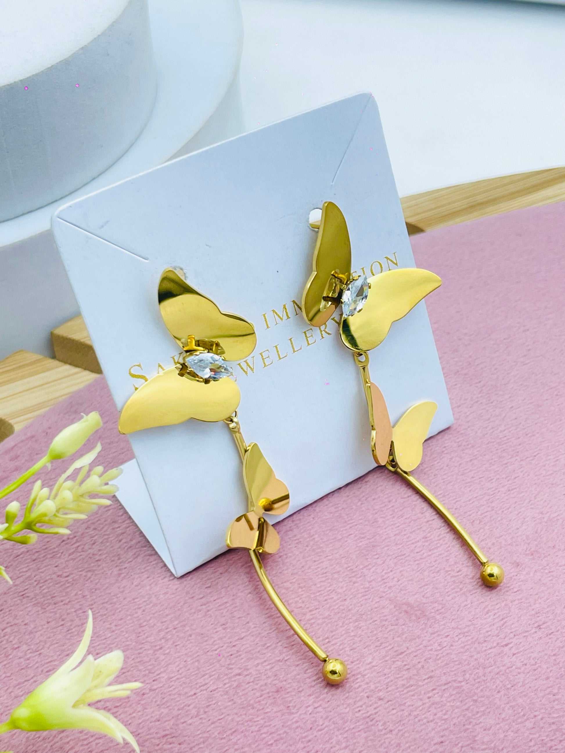 Elegant Gold Butterfly Drop Earrings with Crystals