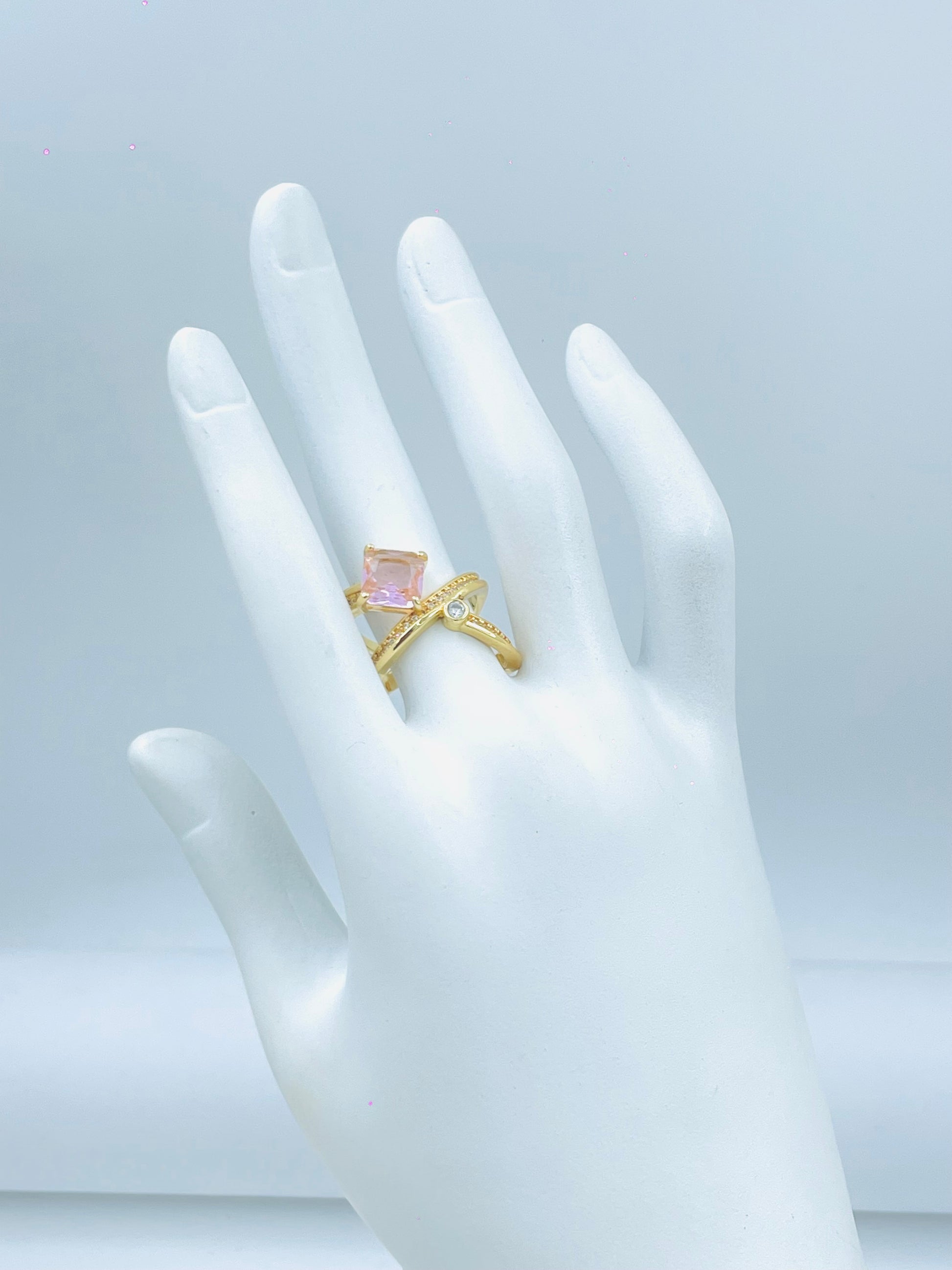 Elegant Gold Ring with Pink Stone and Diamonds