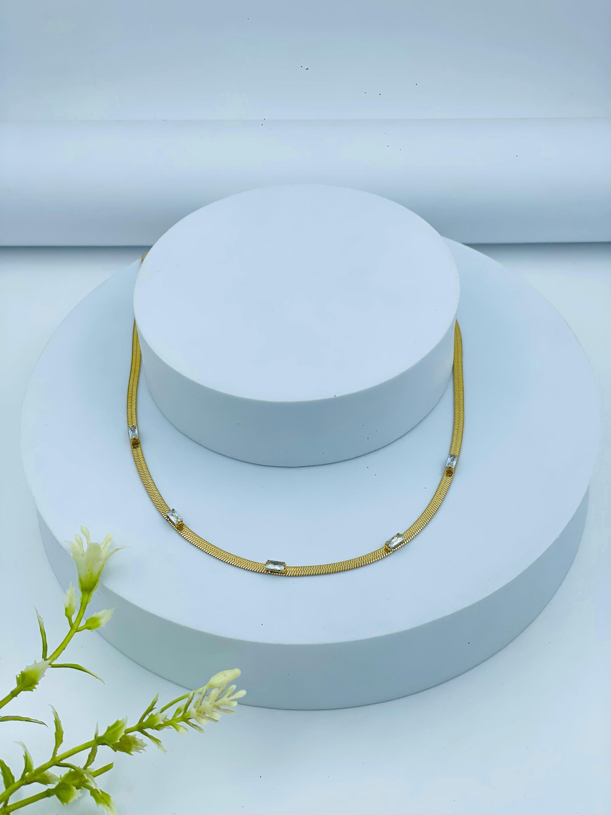 Gold-Plated Herringbone Chain Necklace with Crystal Accents