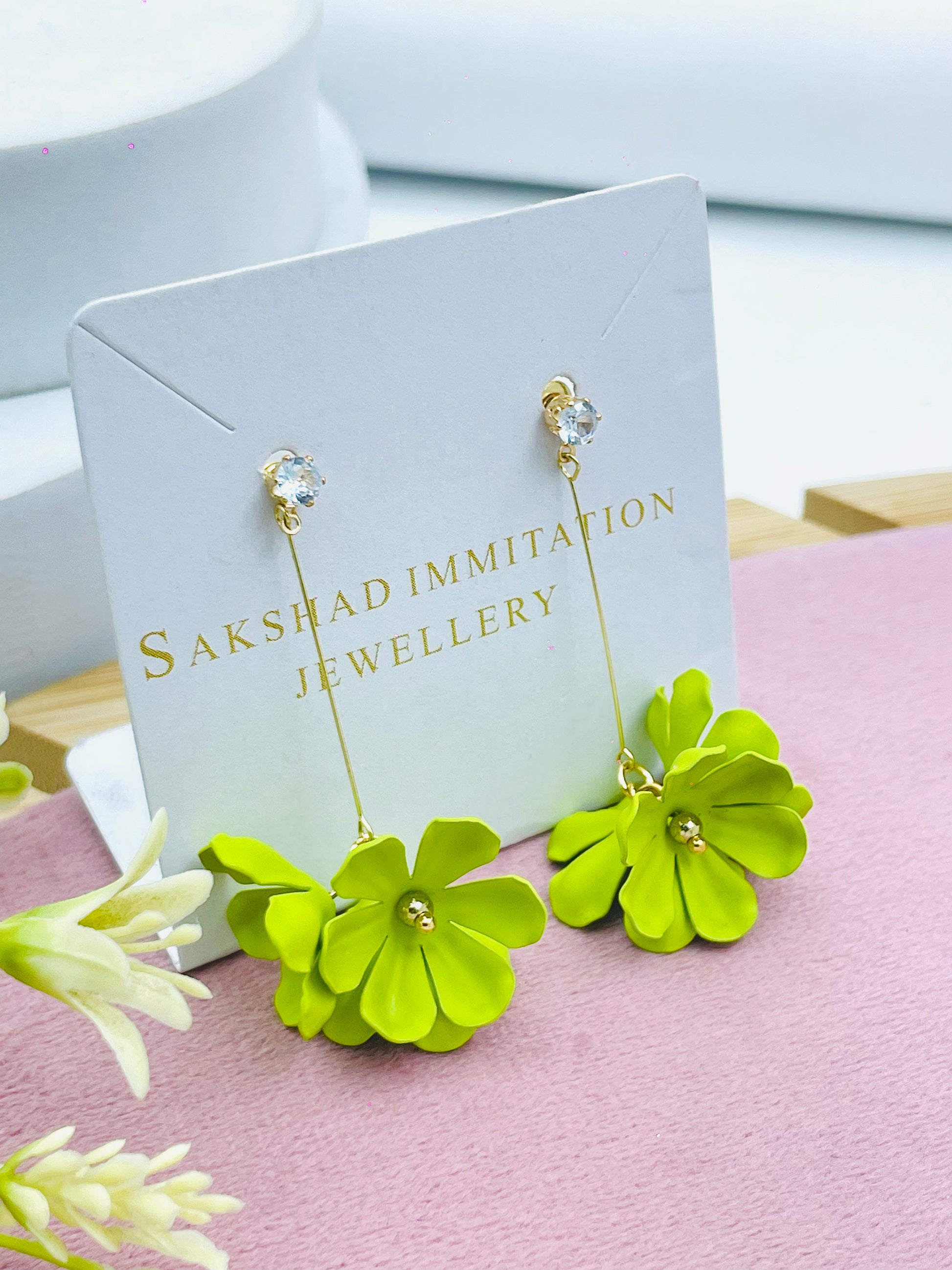 Elegant Lime Green Floral Drop Earrings