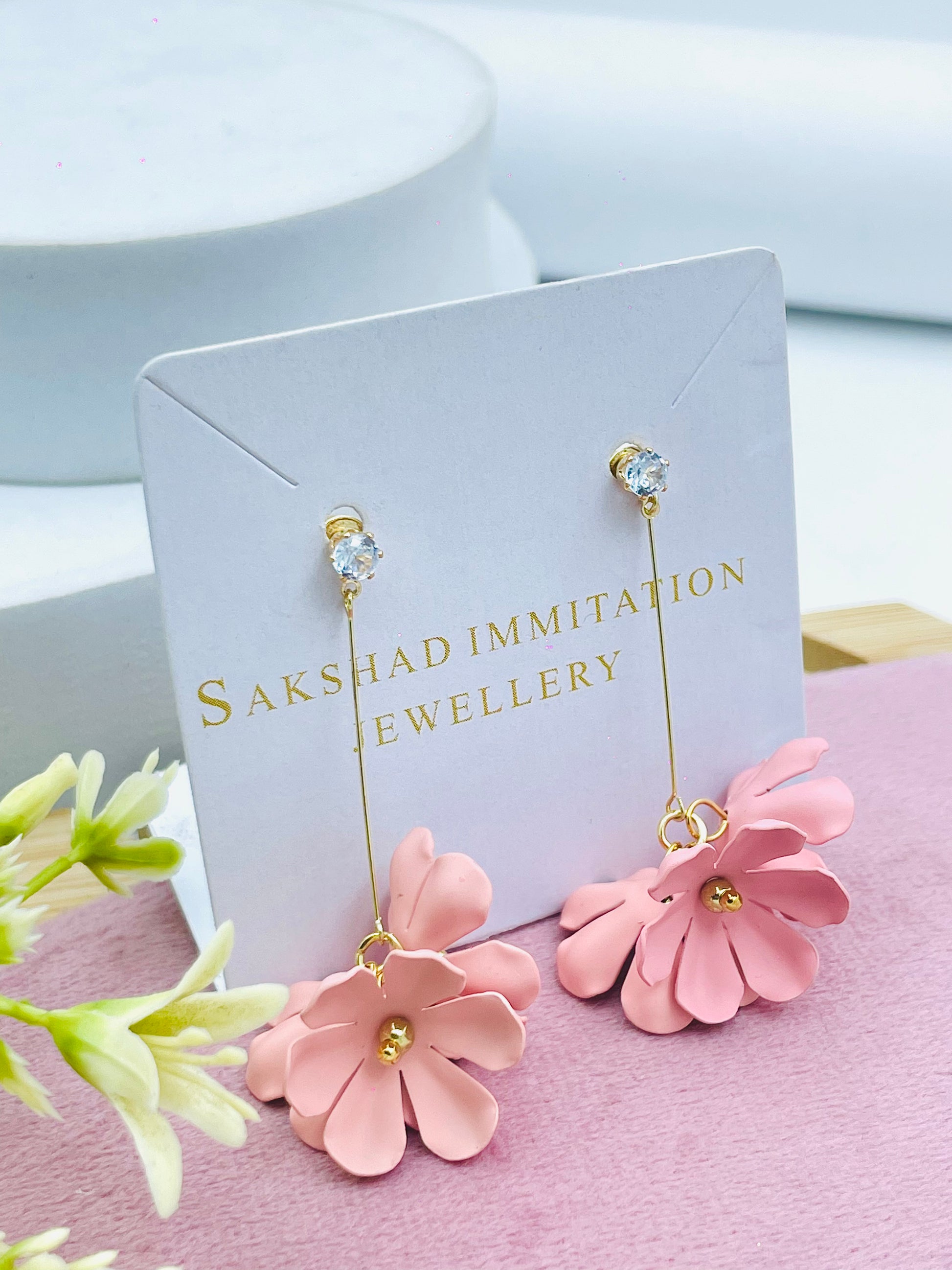 Elegant Pink Flower Drop Earrings  Sakshad Imitation Jewellery