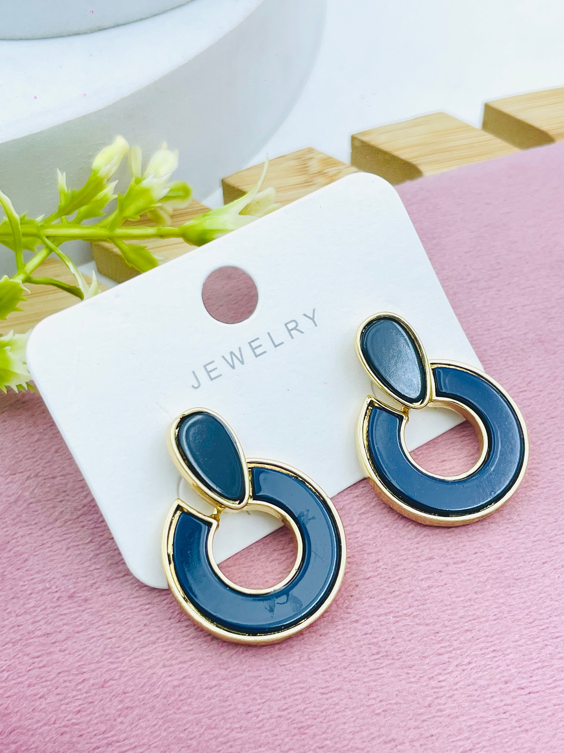 Stylish Navy Blue Enamel Hoop Earrings with Gold Trim
