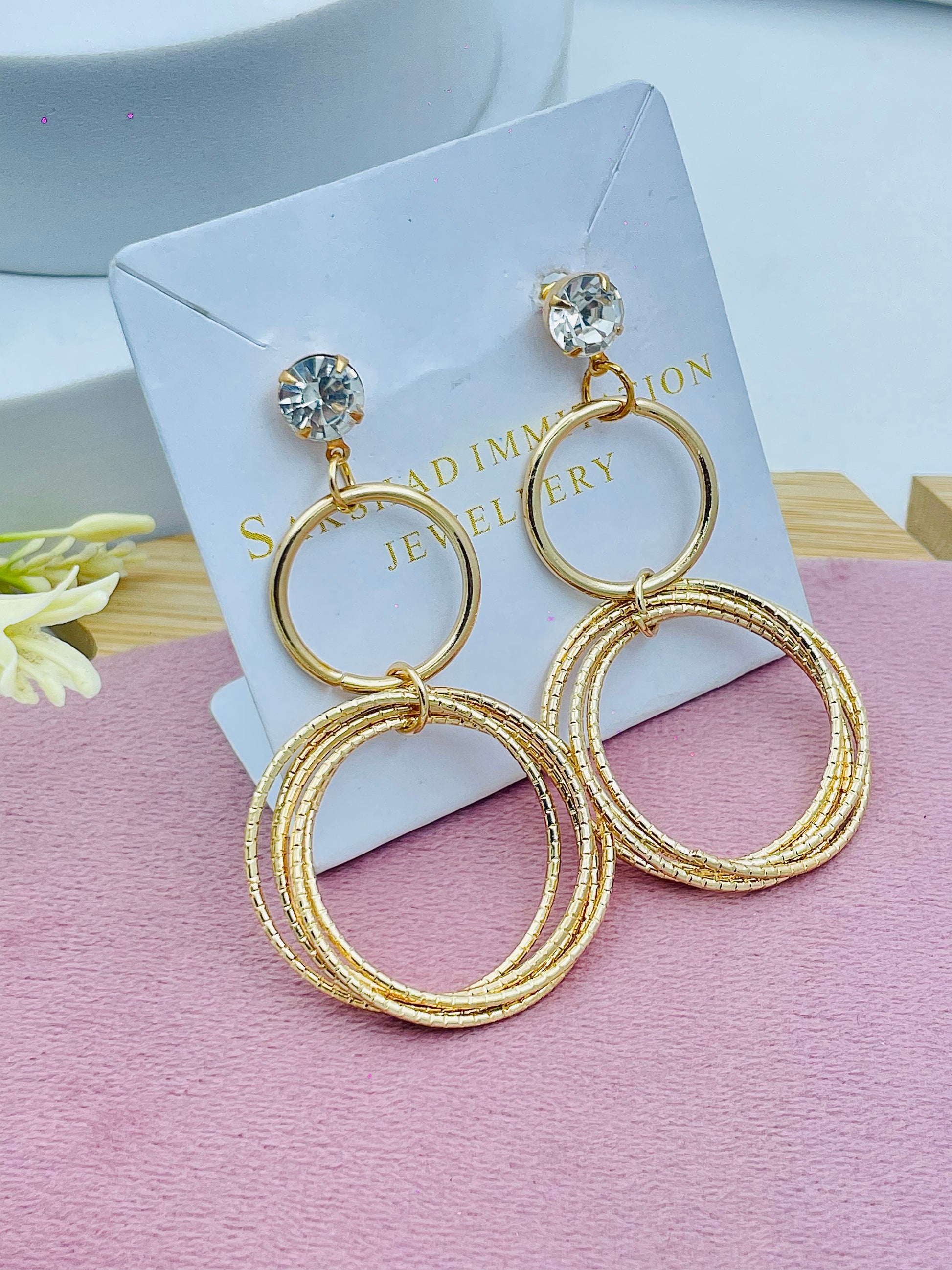 Stylish Gold Tone Double Circle Drop Earrings