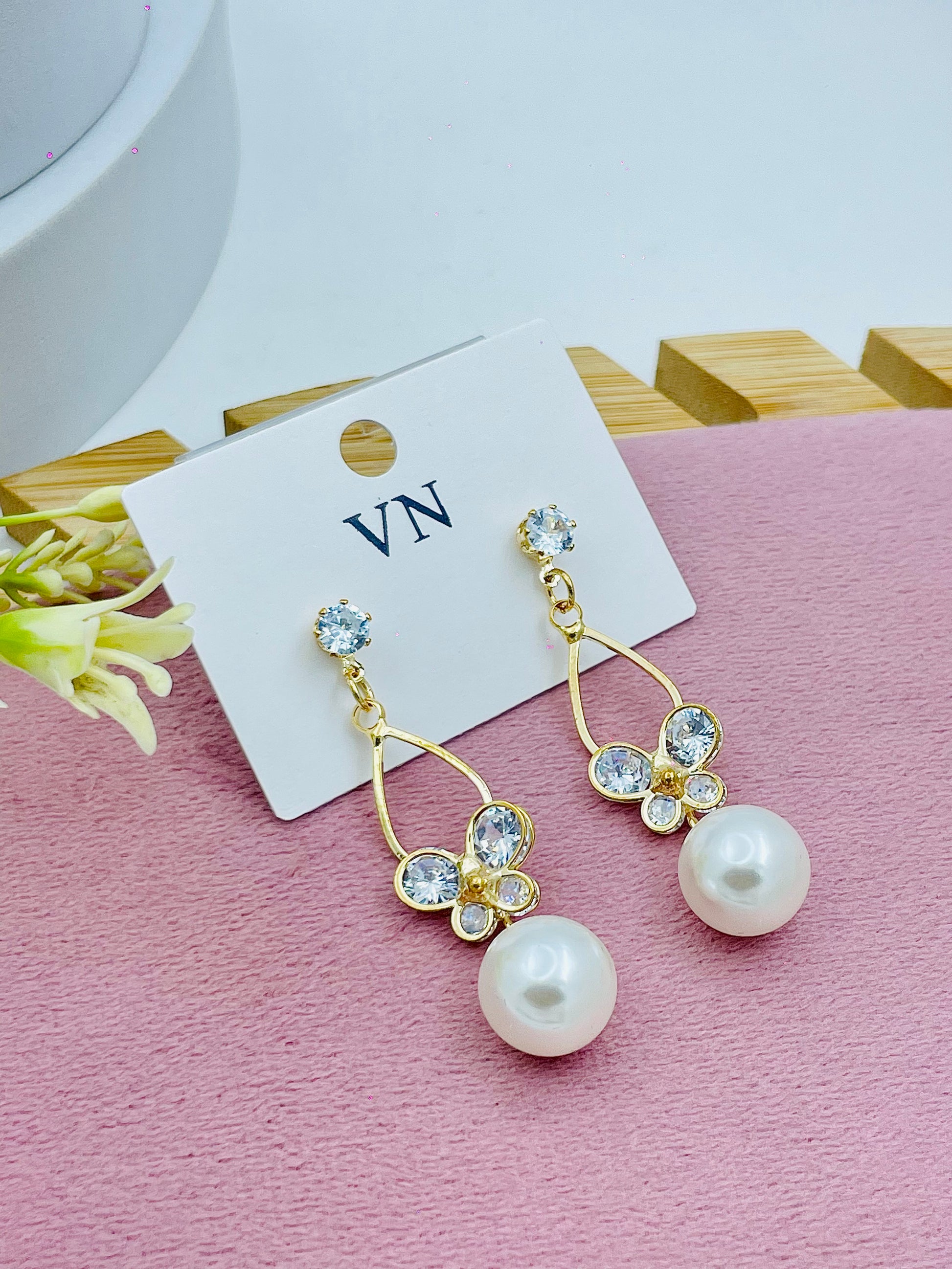 Elegant Gold and Pearl Drop Earrings with Crystal Accents