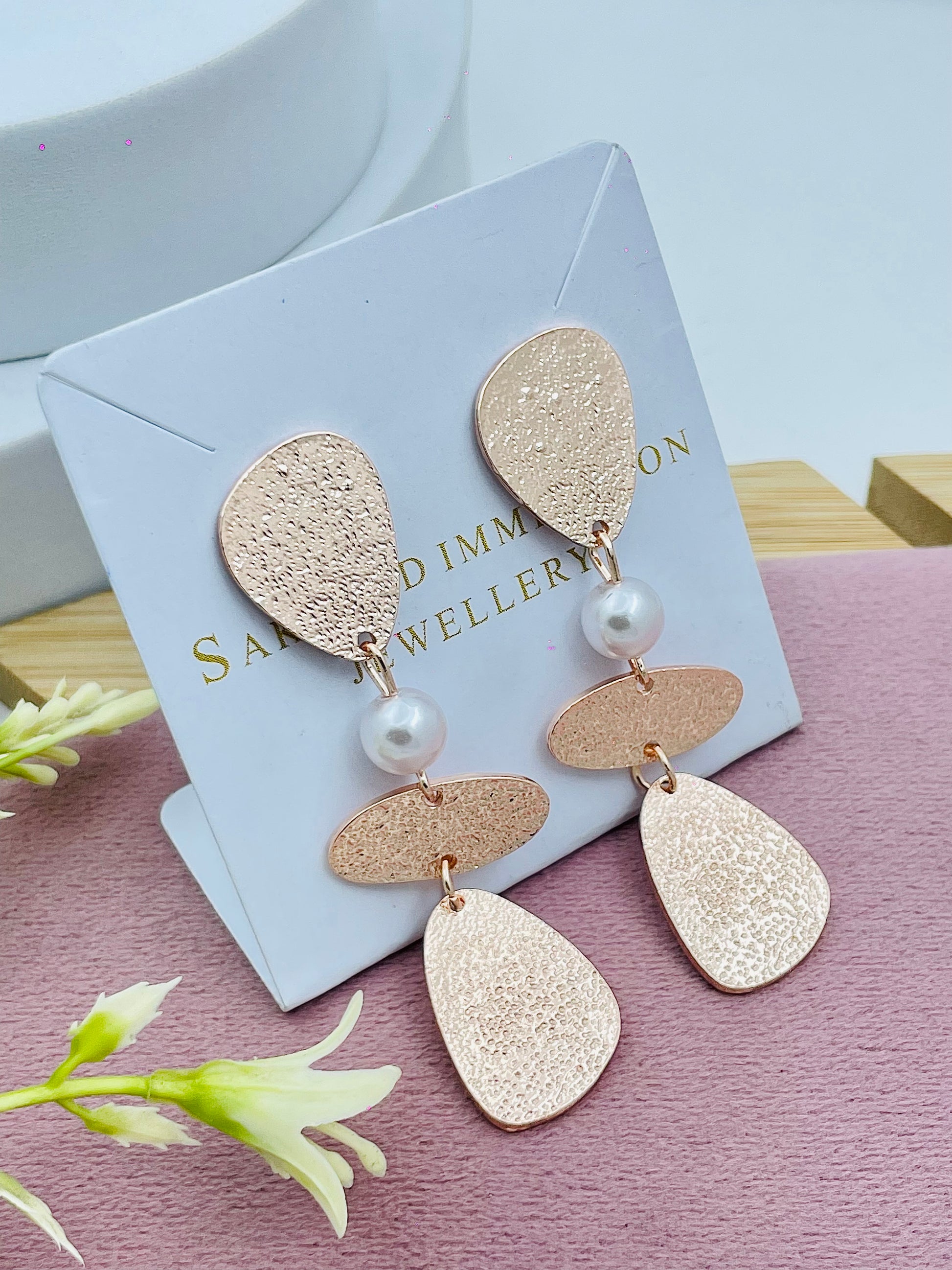 Elegant Rose Gold Textured Dangle Earrings with Pearls