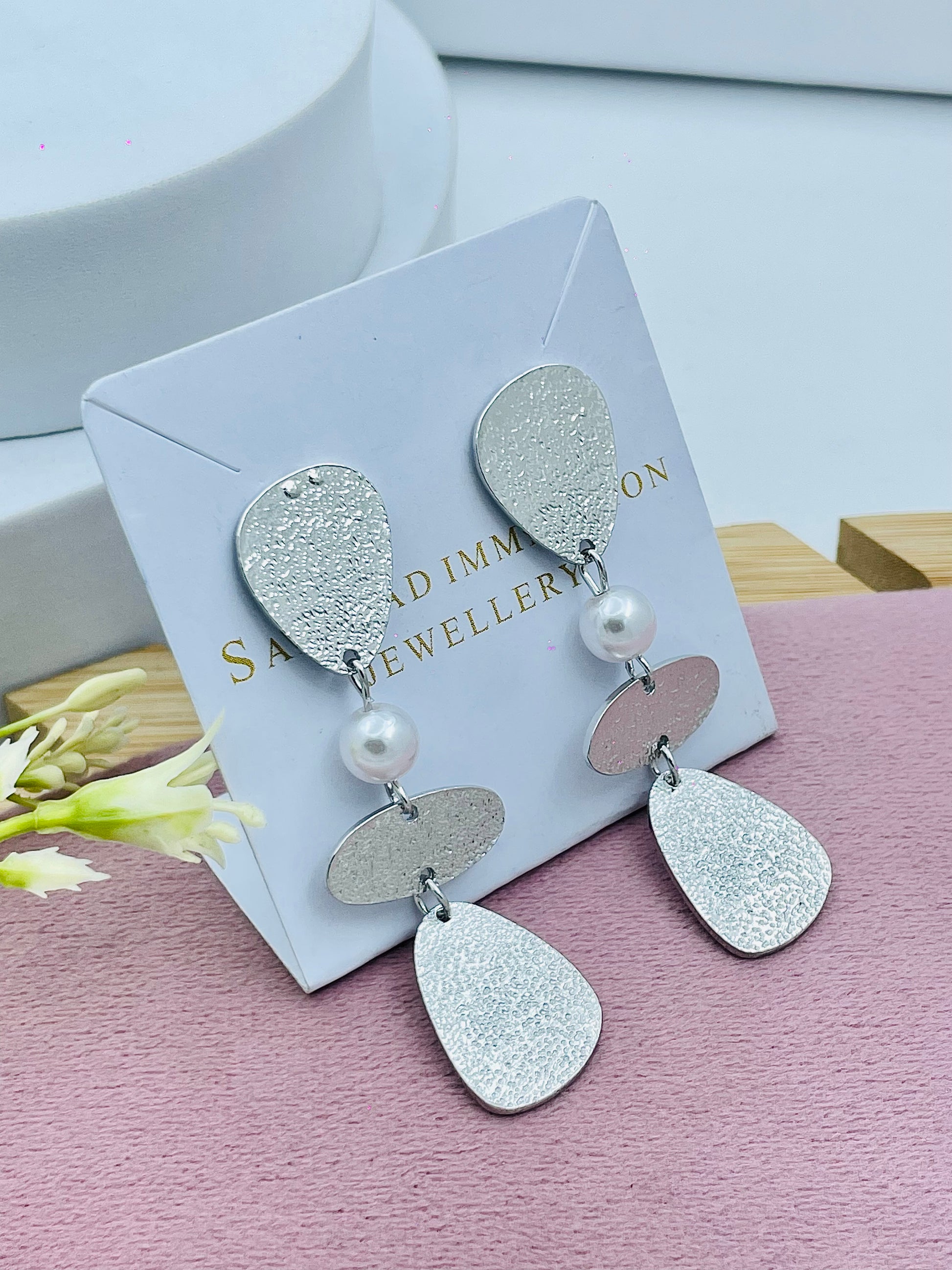 Elegant Textured Silver Drop Earrings with Pearl Accent