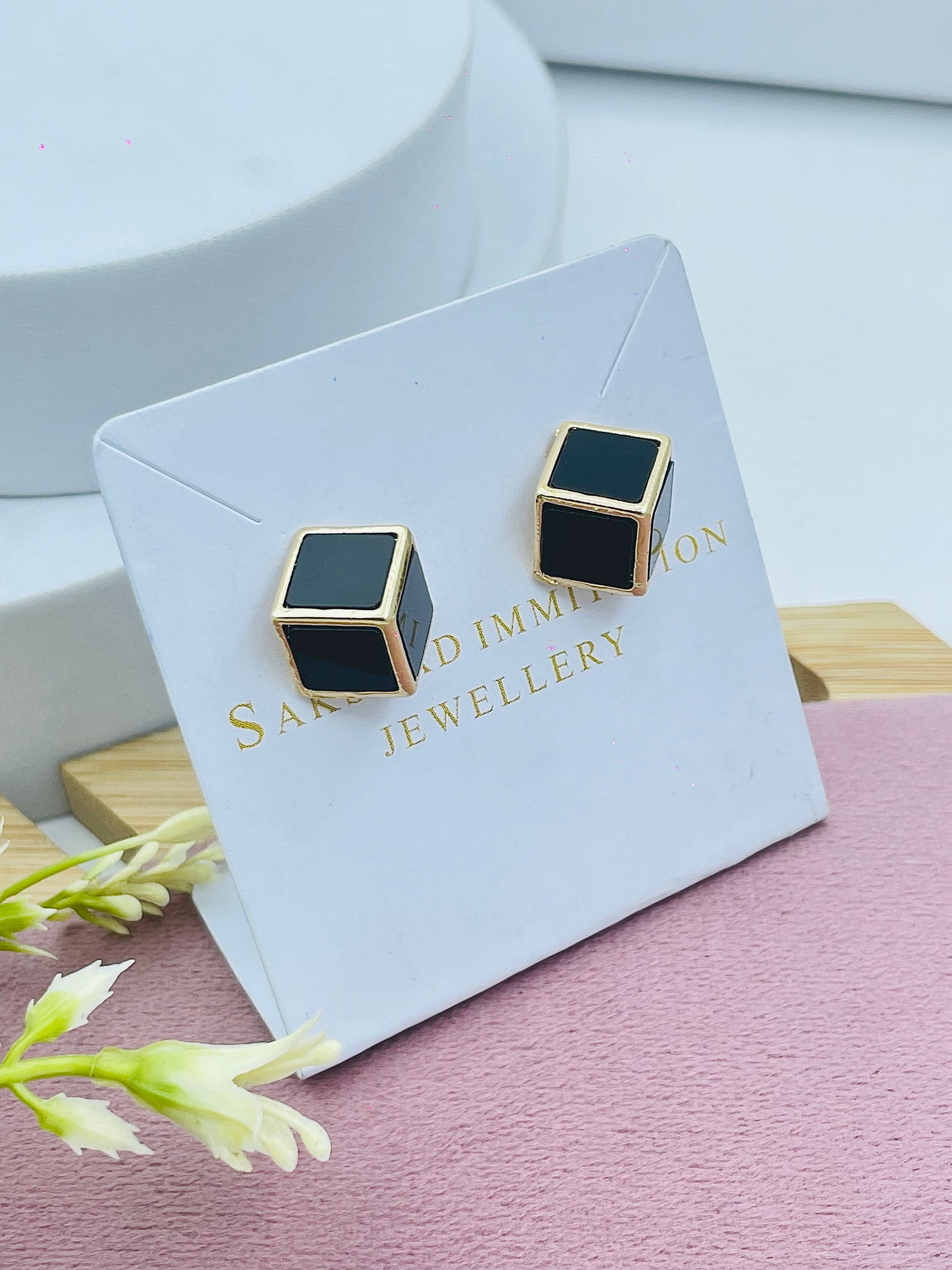 Elegant Black Square Cube Earrings  Modern Jewellery