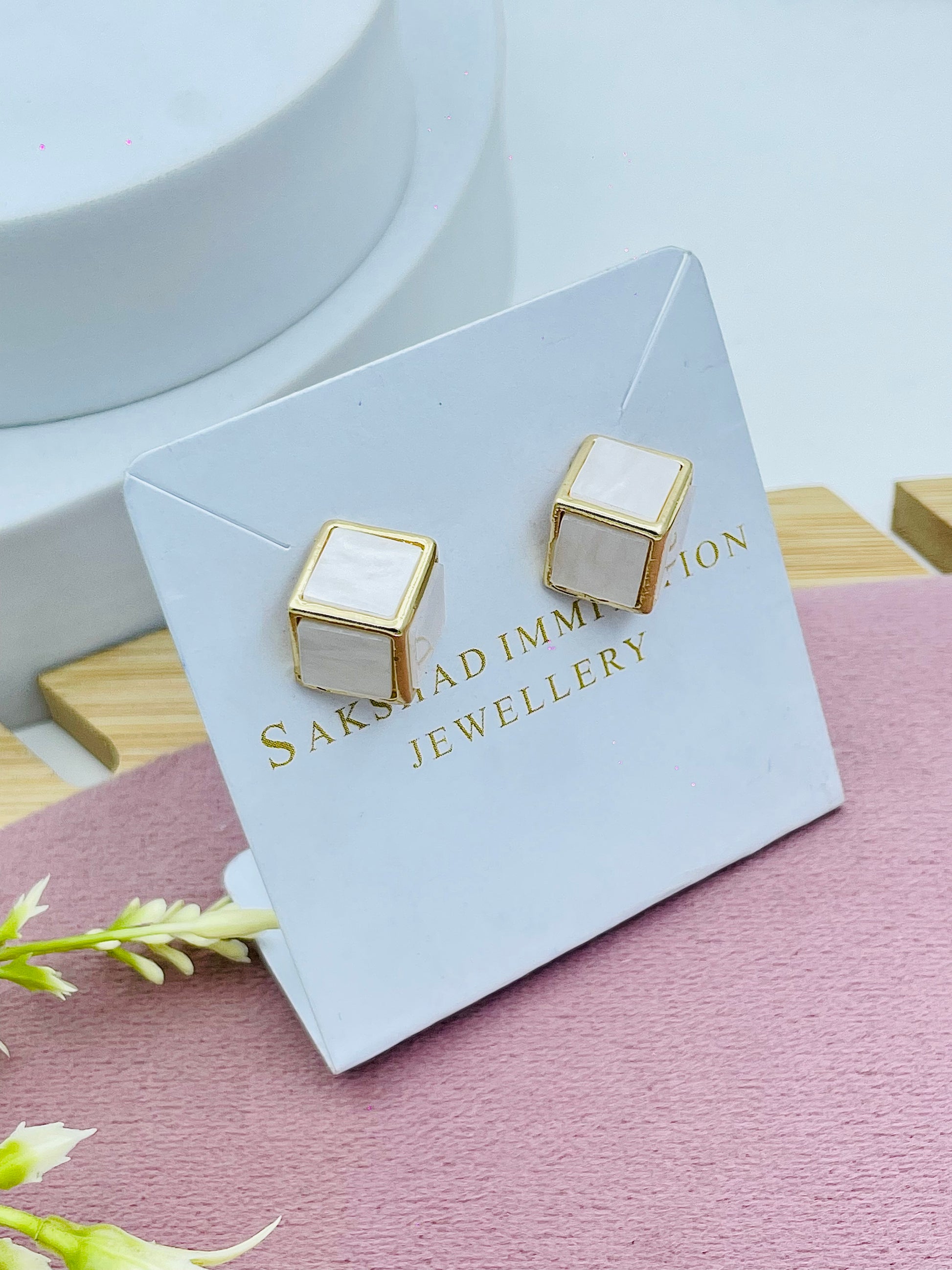 Elegant Square Pearl and Gold Earrings