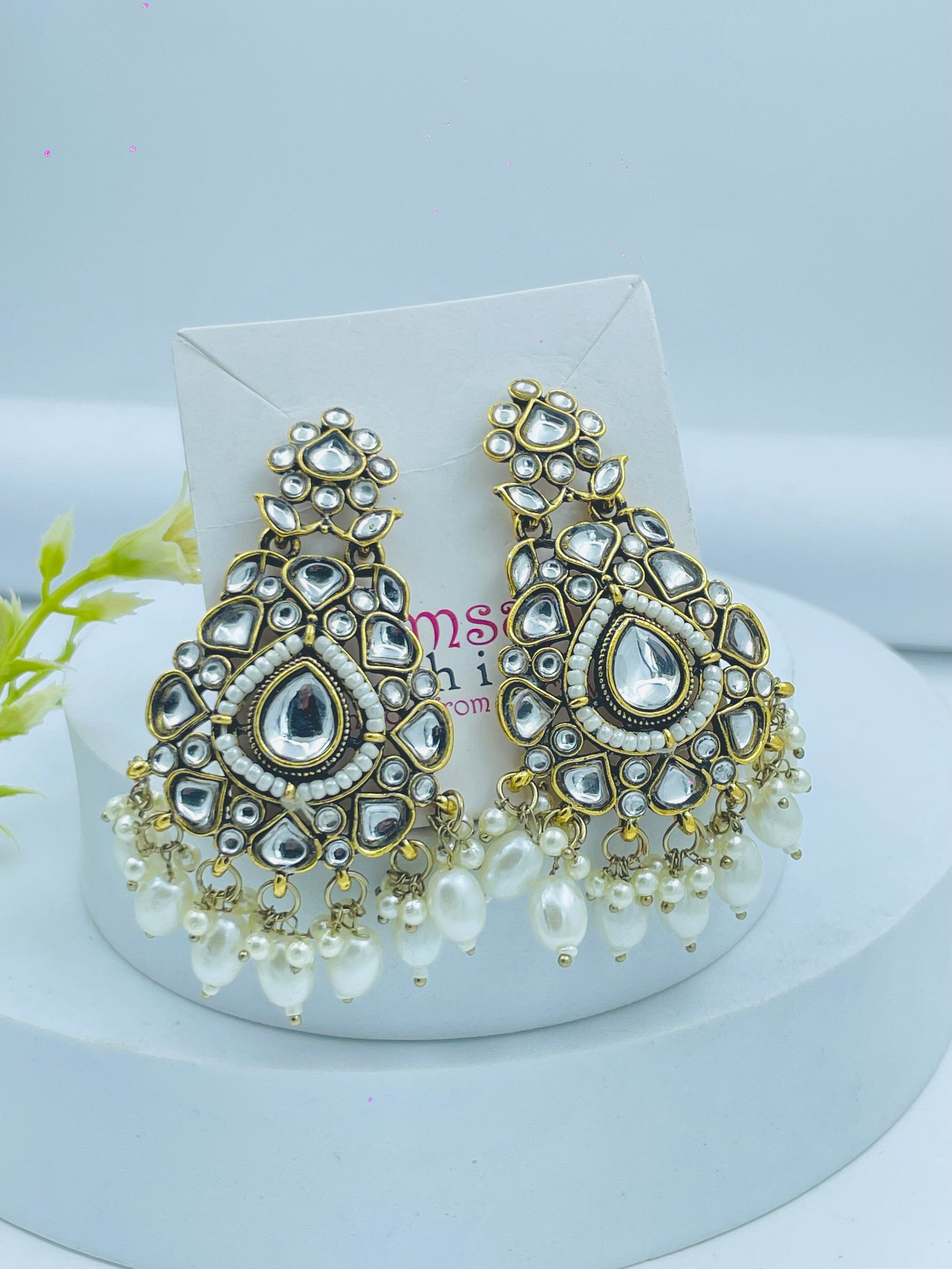 Elegant Pearl Kundan Chandbali Earrings