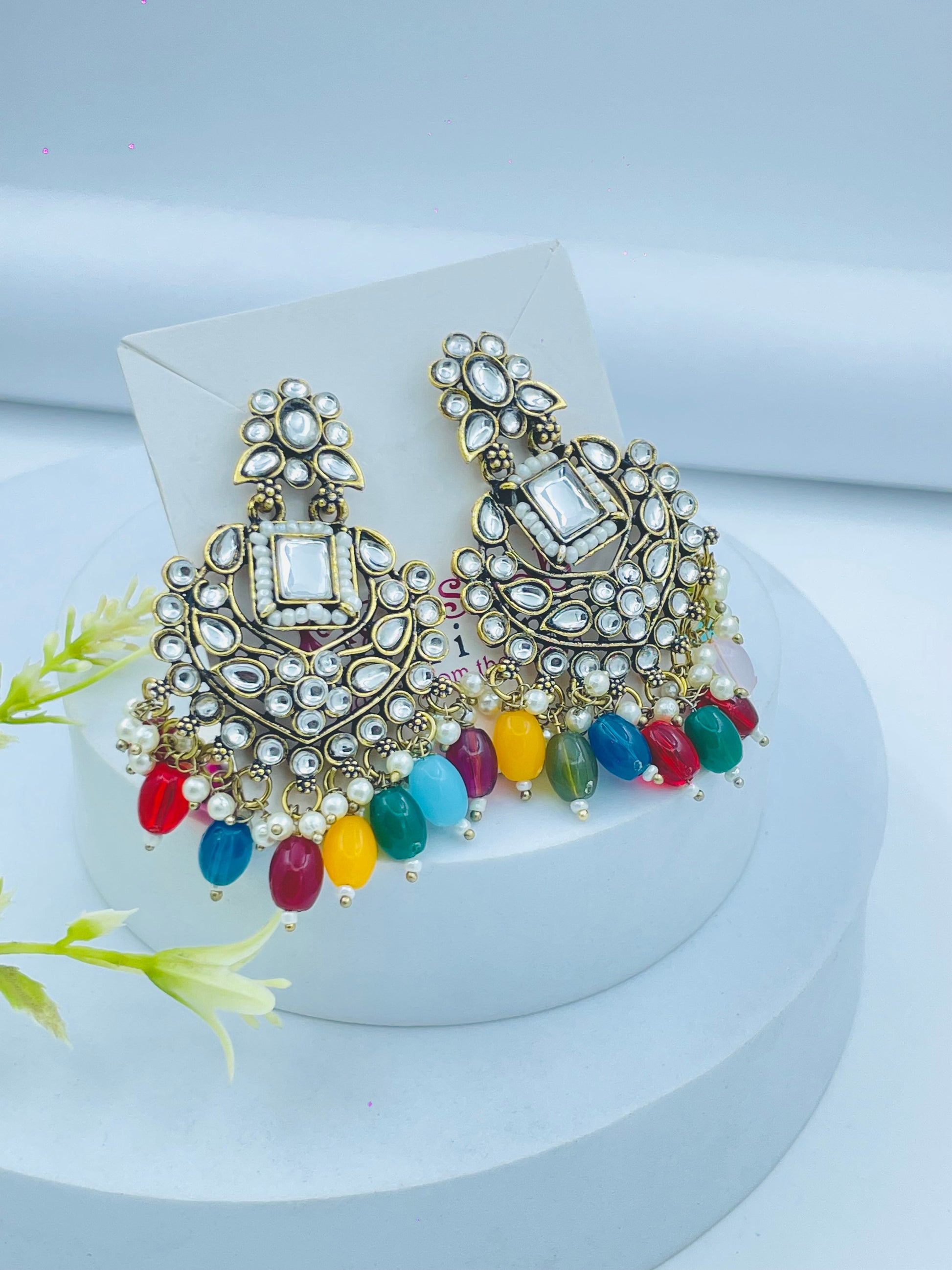 Elegant Kundan Chandbali Earrings with Multicolor Beads