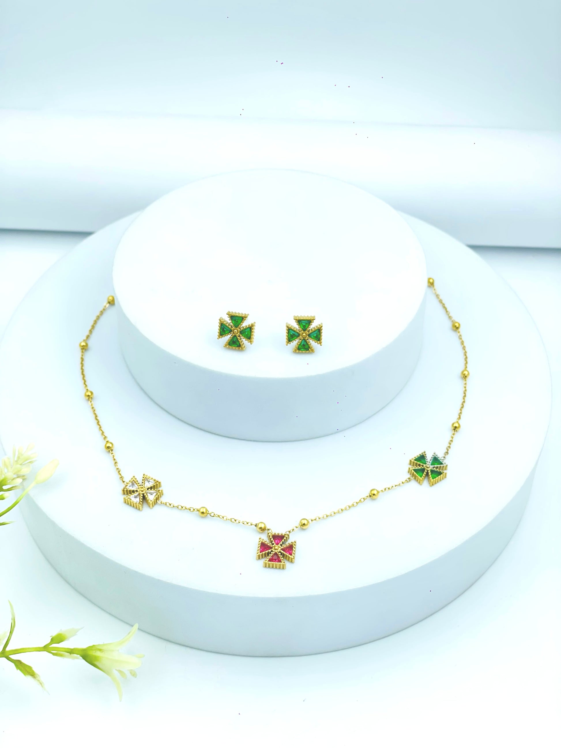 Elegant Green and Pink Cross Jewelry Set  Necklace and Earrings