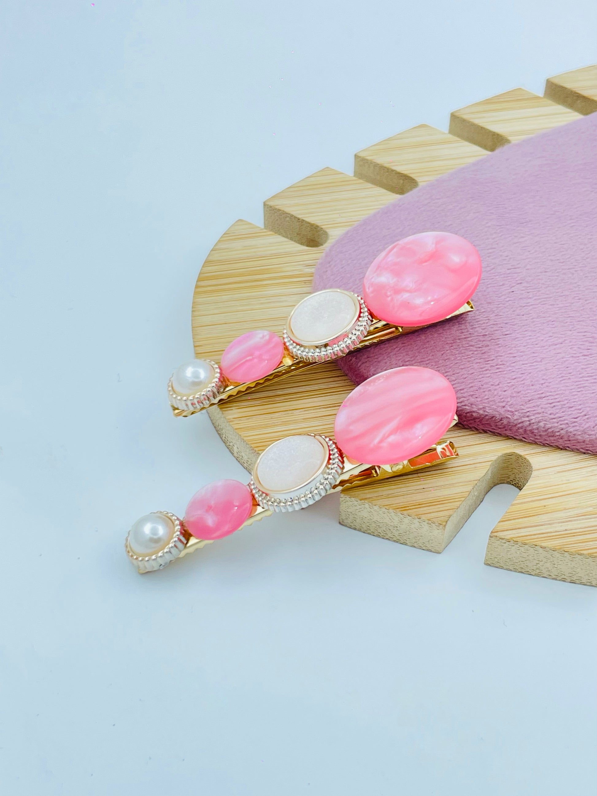 Elegant Pink Stone and Pearl Drop Hair clip Set of 2 clips