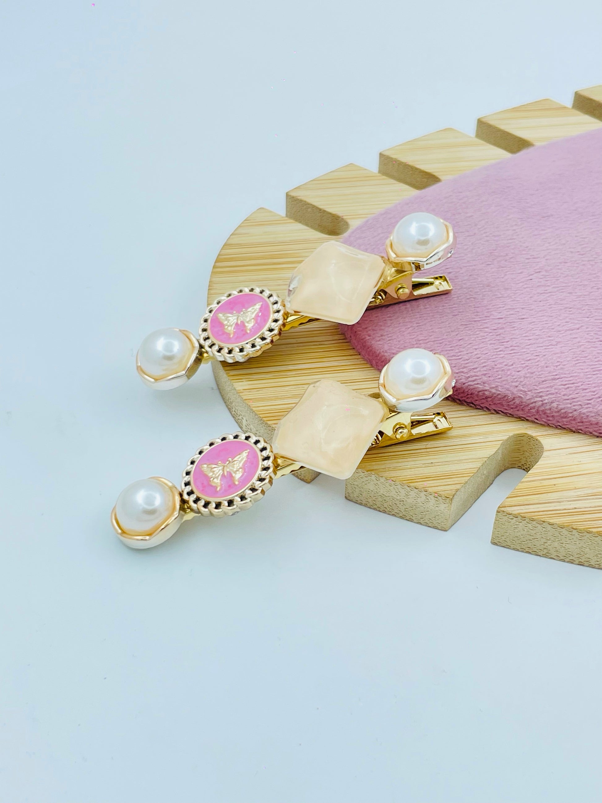 Elegant Pearl and Pink Enamel Hair  Set of 2 clips