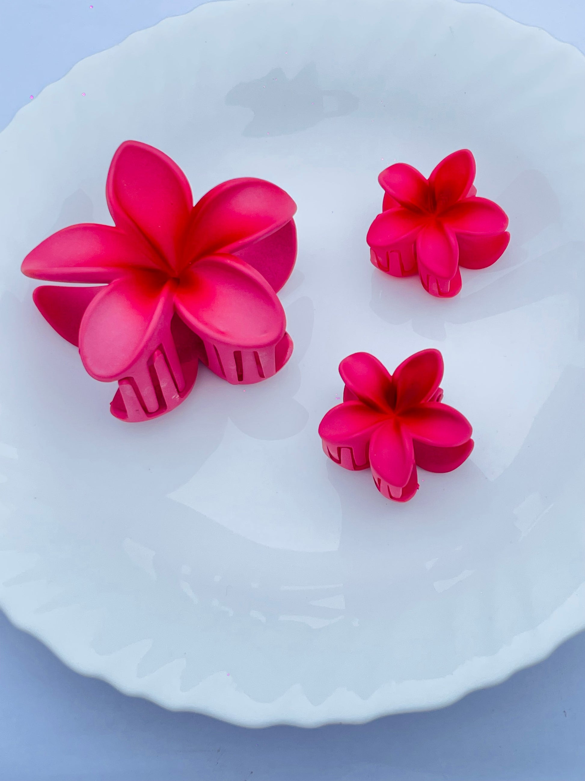 3-Piece Hot Pink Plumeria Flower Hair Clip Set – Bold Tropical Hair Accessories