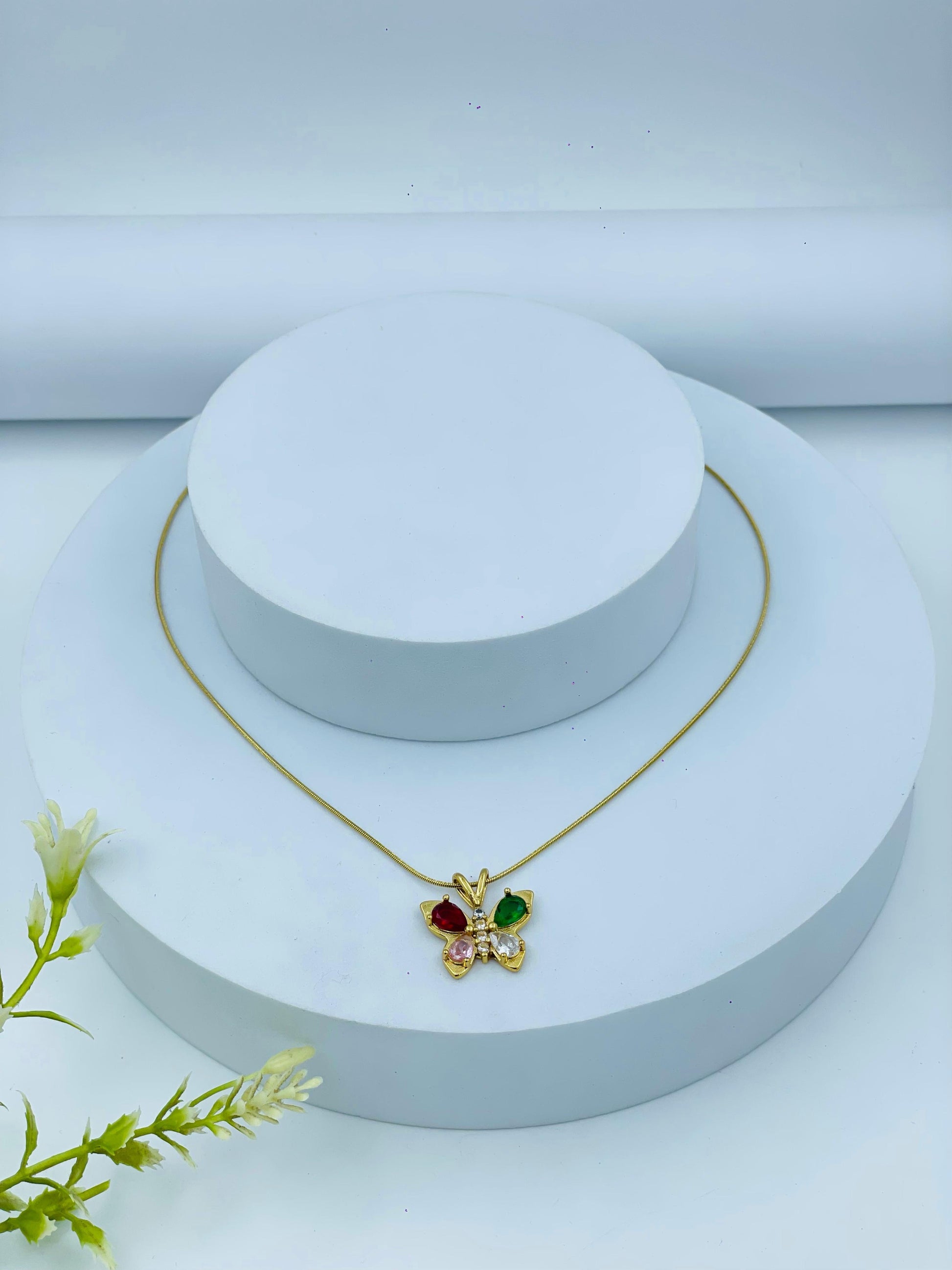 Gold-Plated Butterfly Pendant Necklace with Multicolor Gemstones