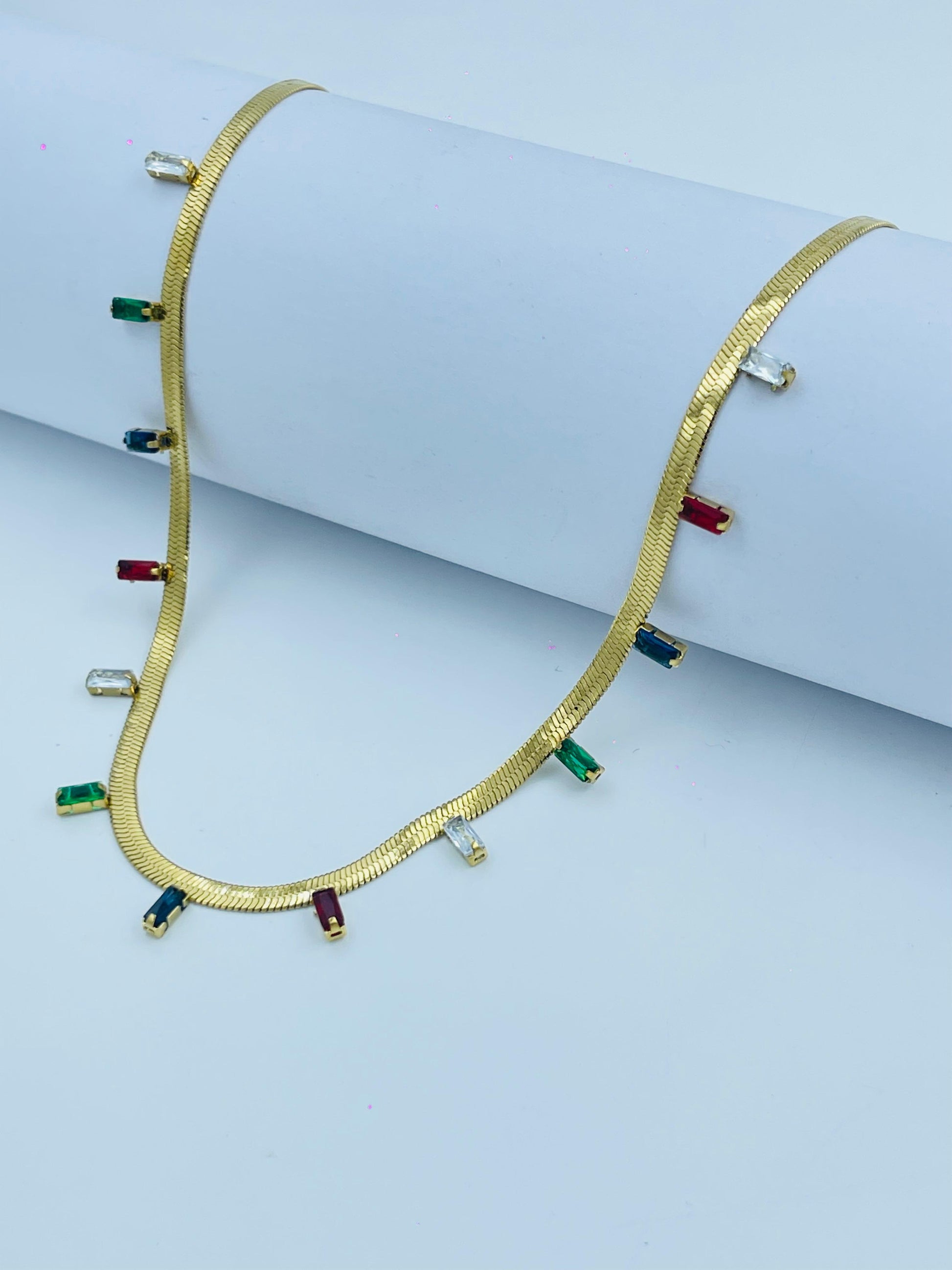 Gold Herringbone Necklace with Multicolor Baguette Charms – Vibrant Luxe Look
